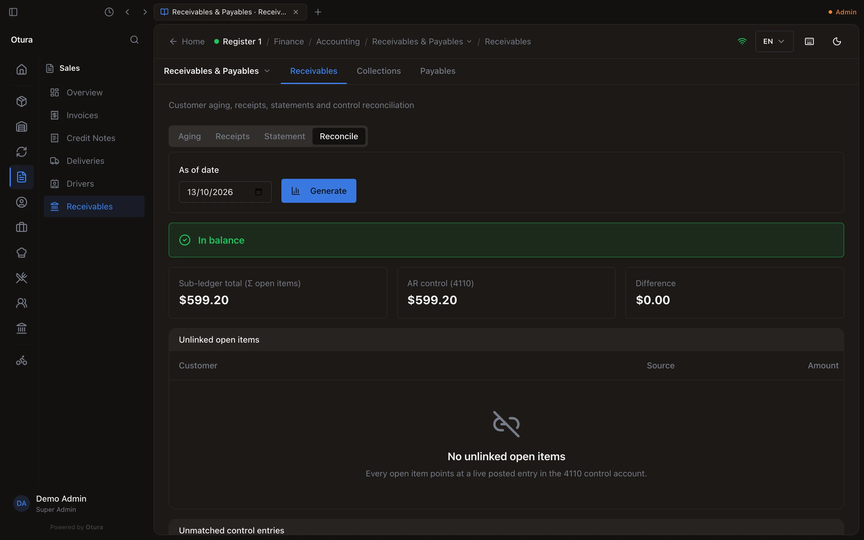 Receivables, Reconcile: Sub-ledger total (Σ open items) and AR control (4110) equal, Difference $0.00, In balance; No unlinked open items; No unmatched control entries.