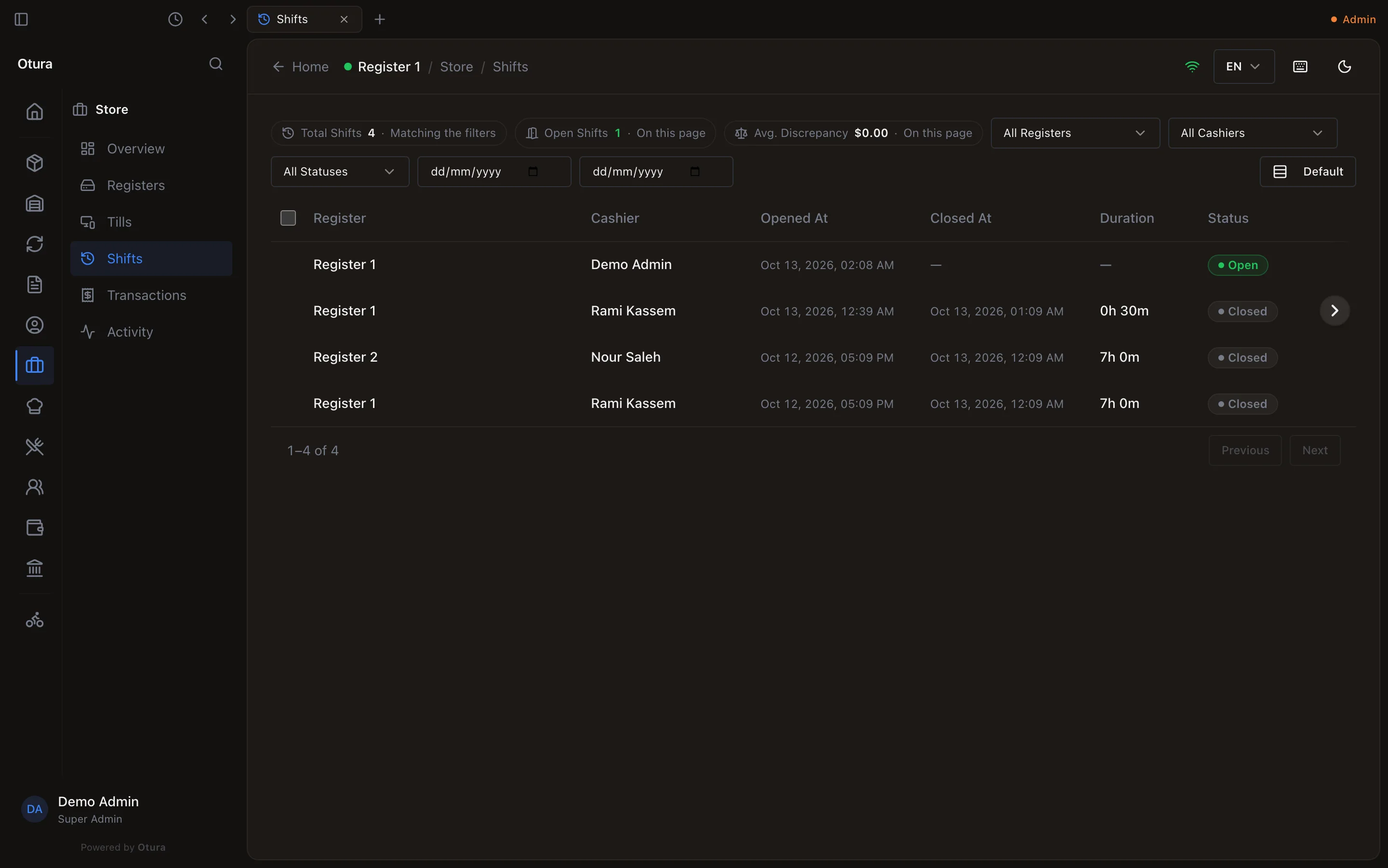 Store › Shifts in the back office: Total Shifts 4, Open Shifts 1, Avg. Discrepancy $0.00; All Registers, All Cashiers and All Statuses filters and two date fields; a list with Register, Cashier, Opened At, Closed At, Duration and Status. Register 1, Demo Admin, opened Oct 13, 2026, 02:08 AM, Open; then three Closed shifts: Rami Kassem on Register 1 (twice) and Nour Saleh on Register 2.