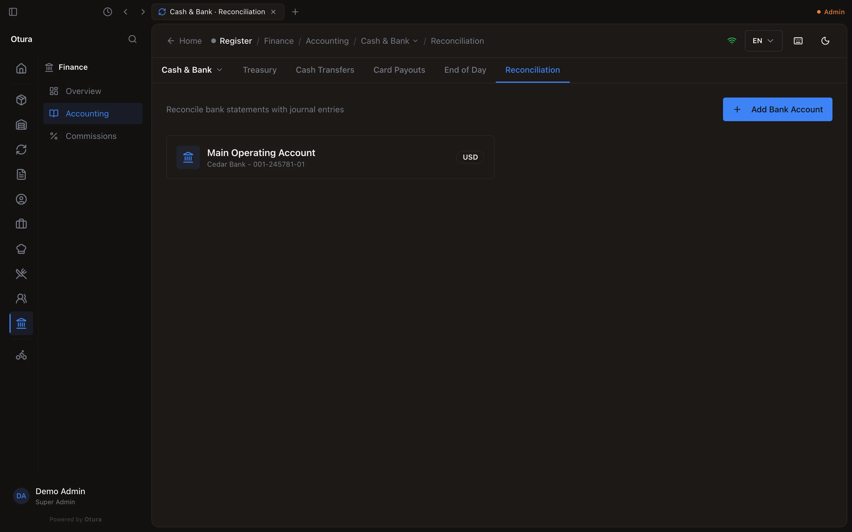 The Reconciliation page listing one bank account, Main Operating Account, Cedar Bank - 001-245781-01, with a USD badge.
