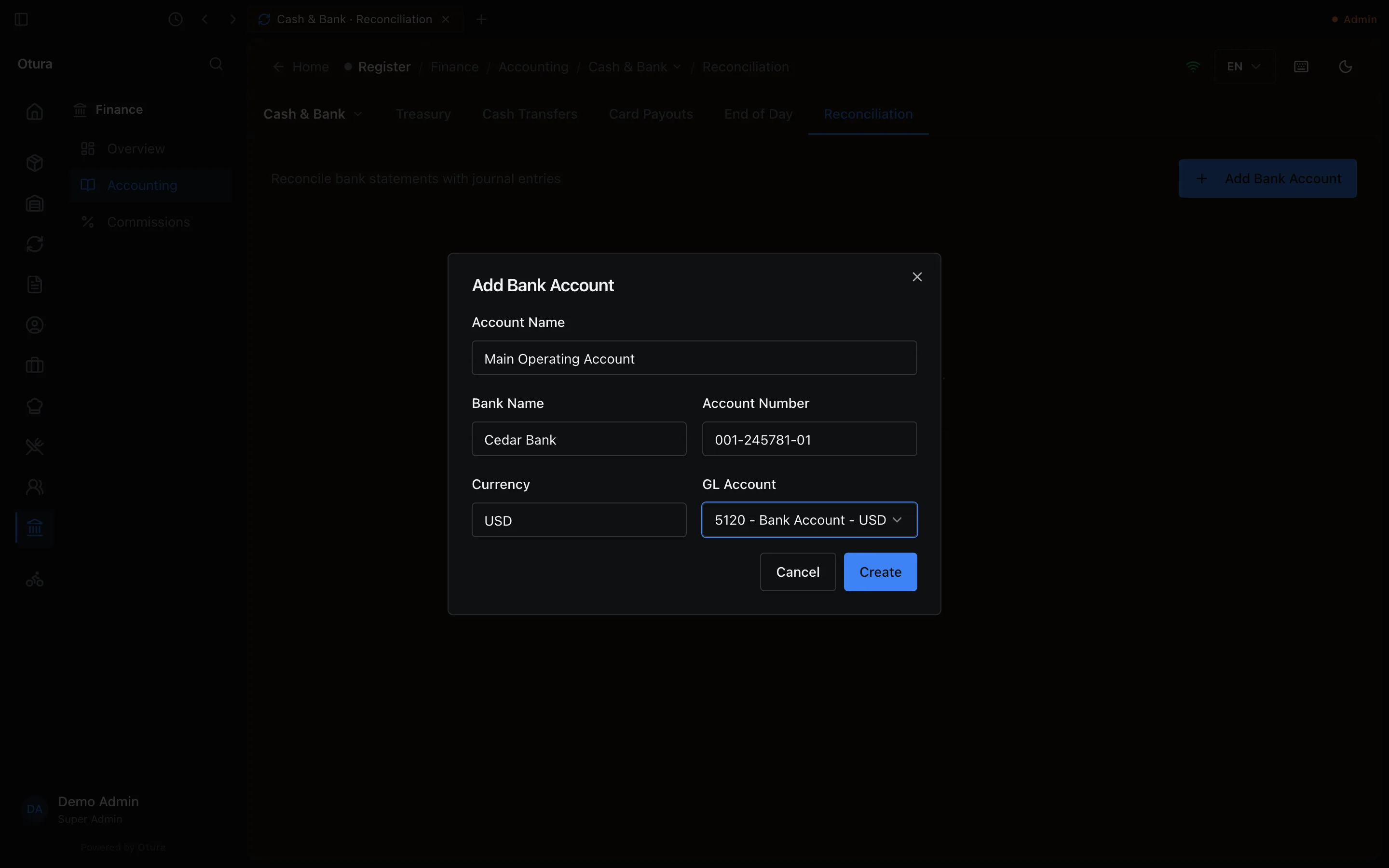 The Add Bank Account dialog: Account Name Main Operating Account, Bank Name Cedar Bank, Account Number 001-245781-01, Currency USD, GL Account 5120 - Bank Account - USD, and the Cancel and Create buttons.