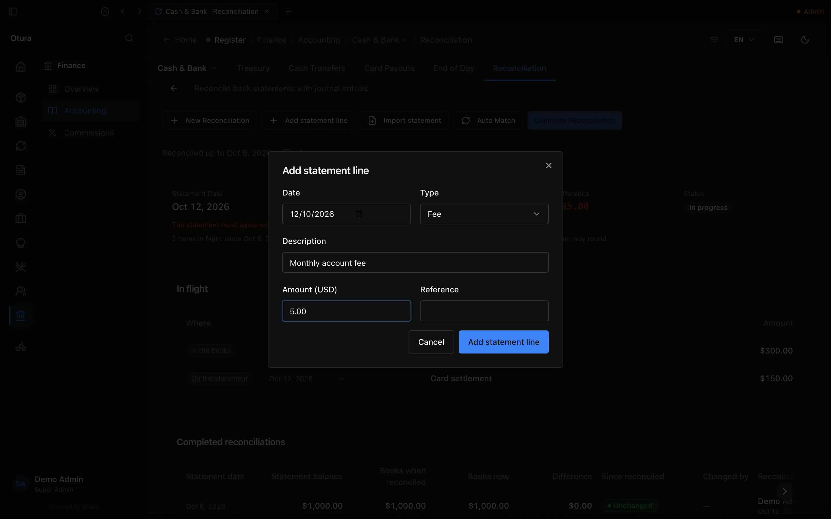 The Add statement line dialog: Date 12/10/2026, Type Fee, Description Monthly account fee, Amount (USD) 5.00, an empty Reference, and the Add statement line button.