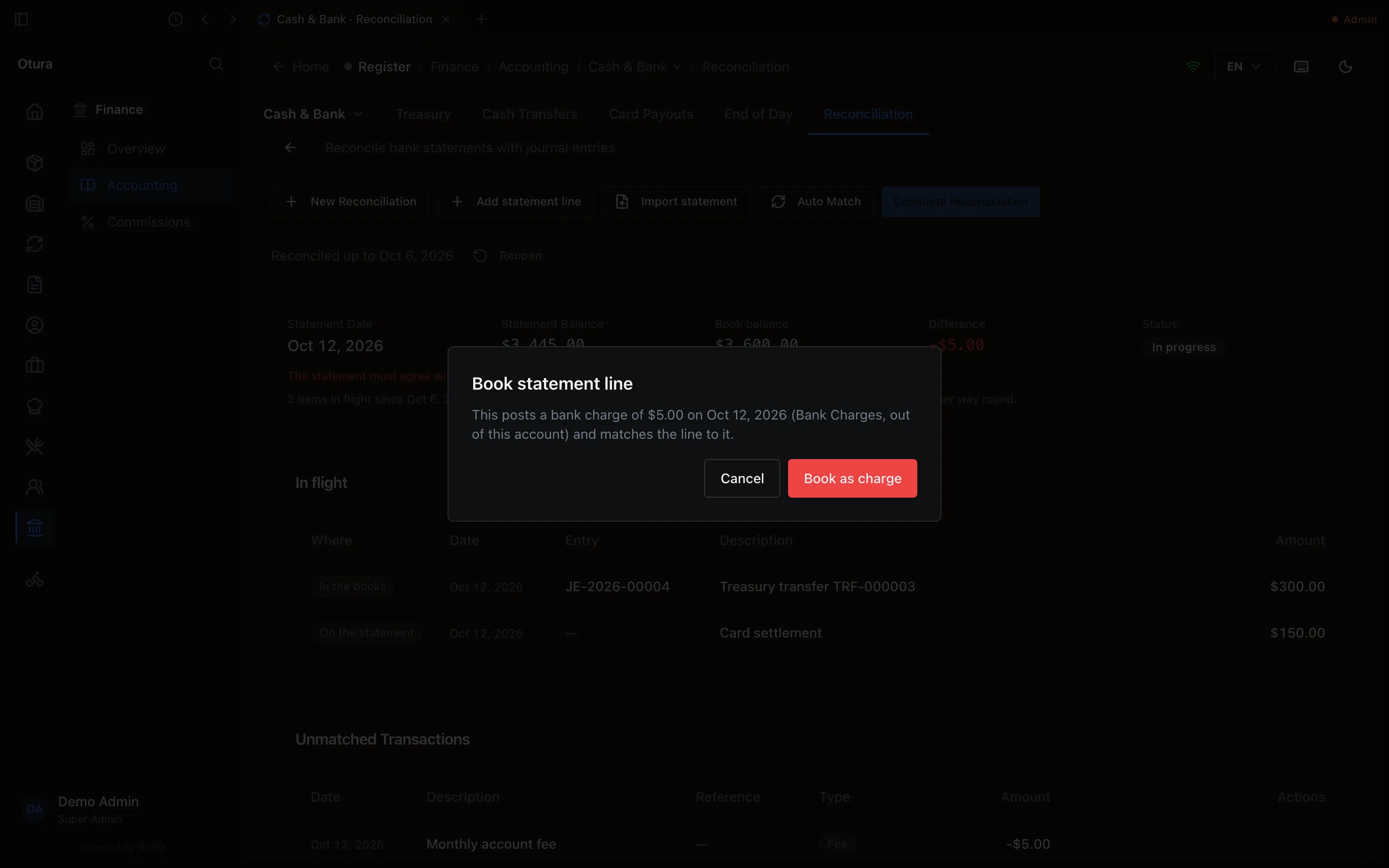 The Book statement line confirmation: This posts a bank charge of $5.00 on Oct 12, 2026 (Bank Charges, out of this account) and matches the line to it, with Cancel and Book as charge buttons.