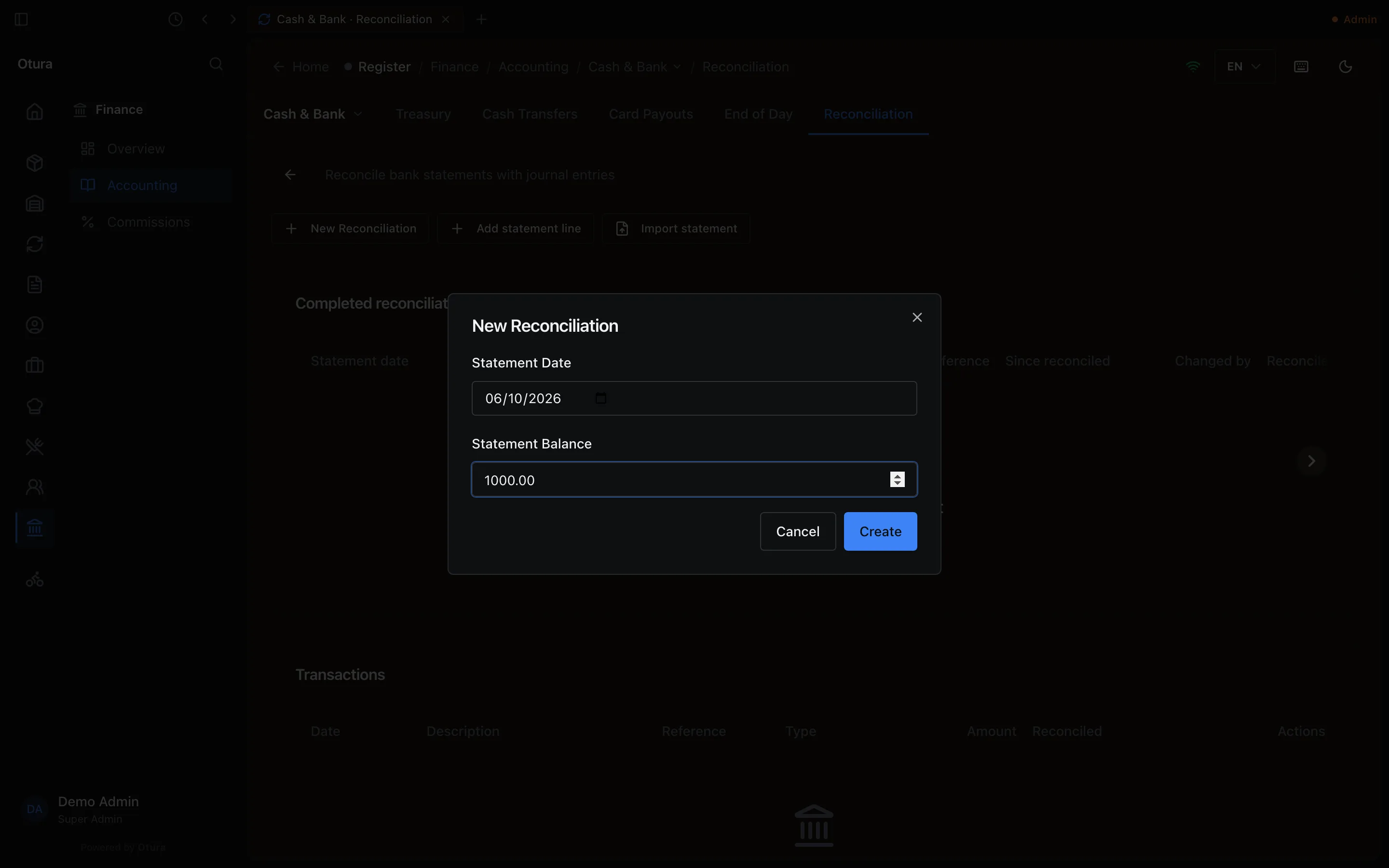 The New Reconciliation dialog with Statement Date 06/10/2026 and Statement Balance 1000.00.