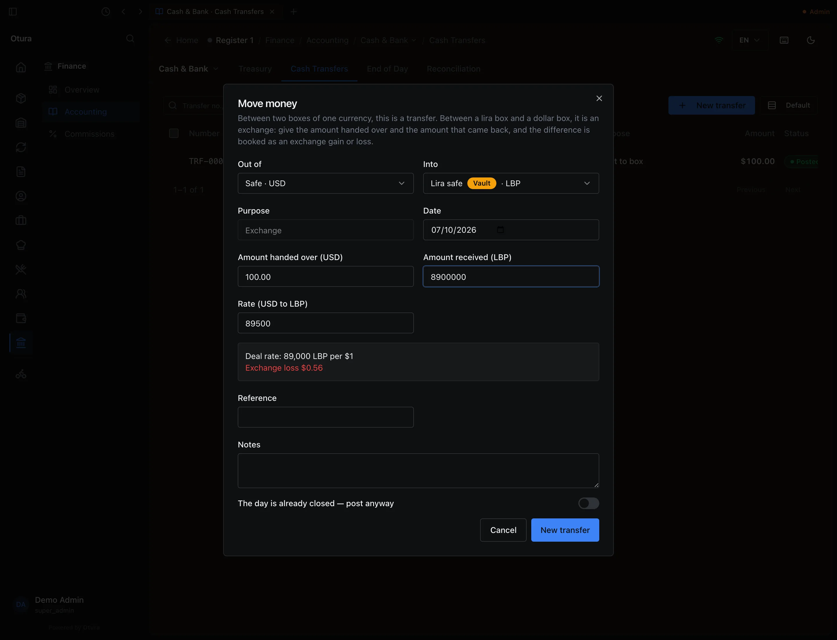 The Move money form for an exchange: Out of Safe · USD, Into Lira safe (Vault) · LBP, Purpose Exchange, Amount handed over (USD) 100.00, Amount received (LBP) 8900000, Rate (USD to LBP) 89500, and the preview Deal rate: 89,000 LBP per $1, Exchange loss $0.56.