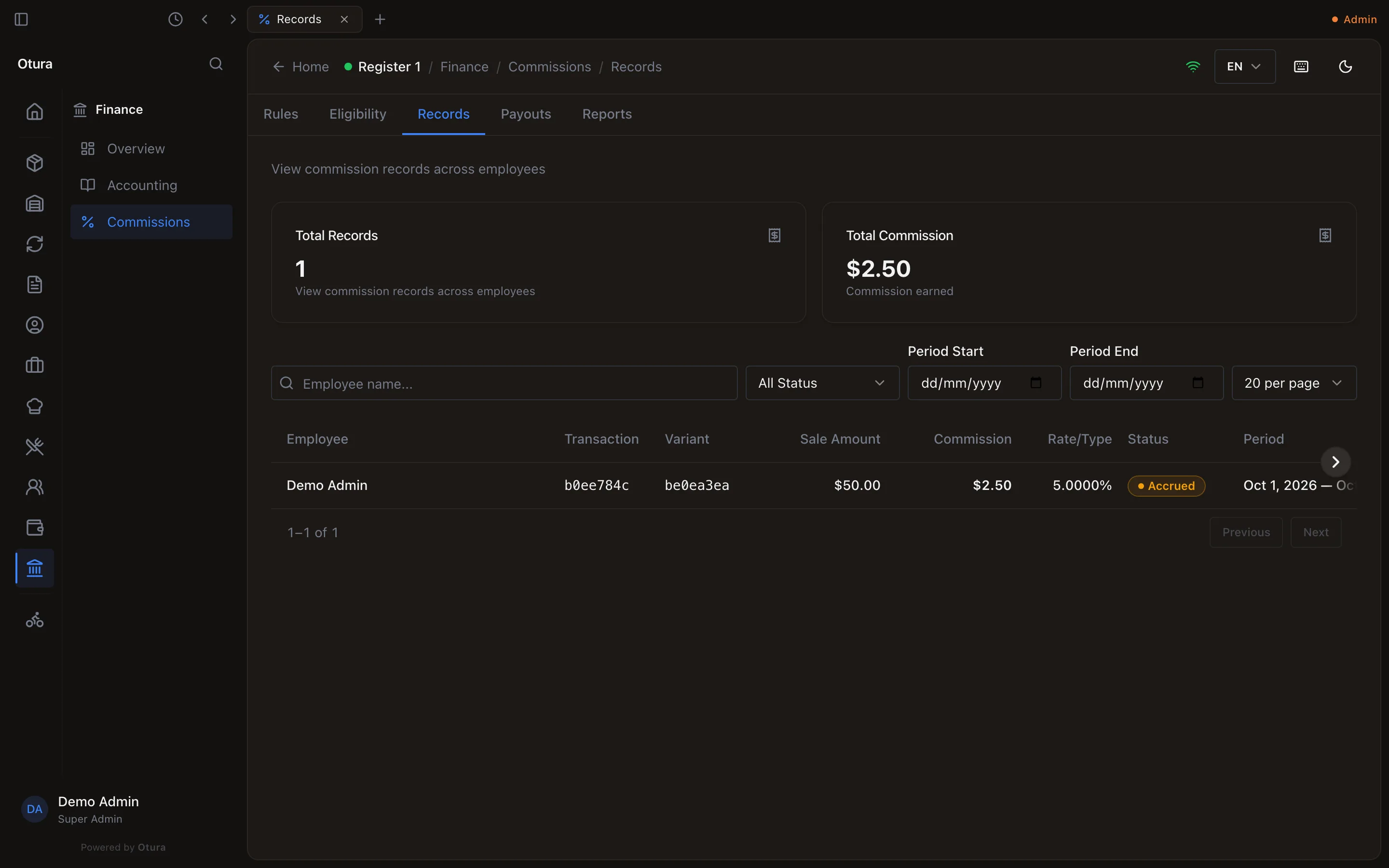 Commissions › Records: a record for Demo Admin, sale amount $50.00, rate 5%, commission $2.50, Accrued.