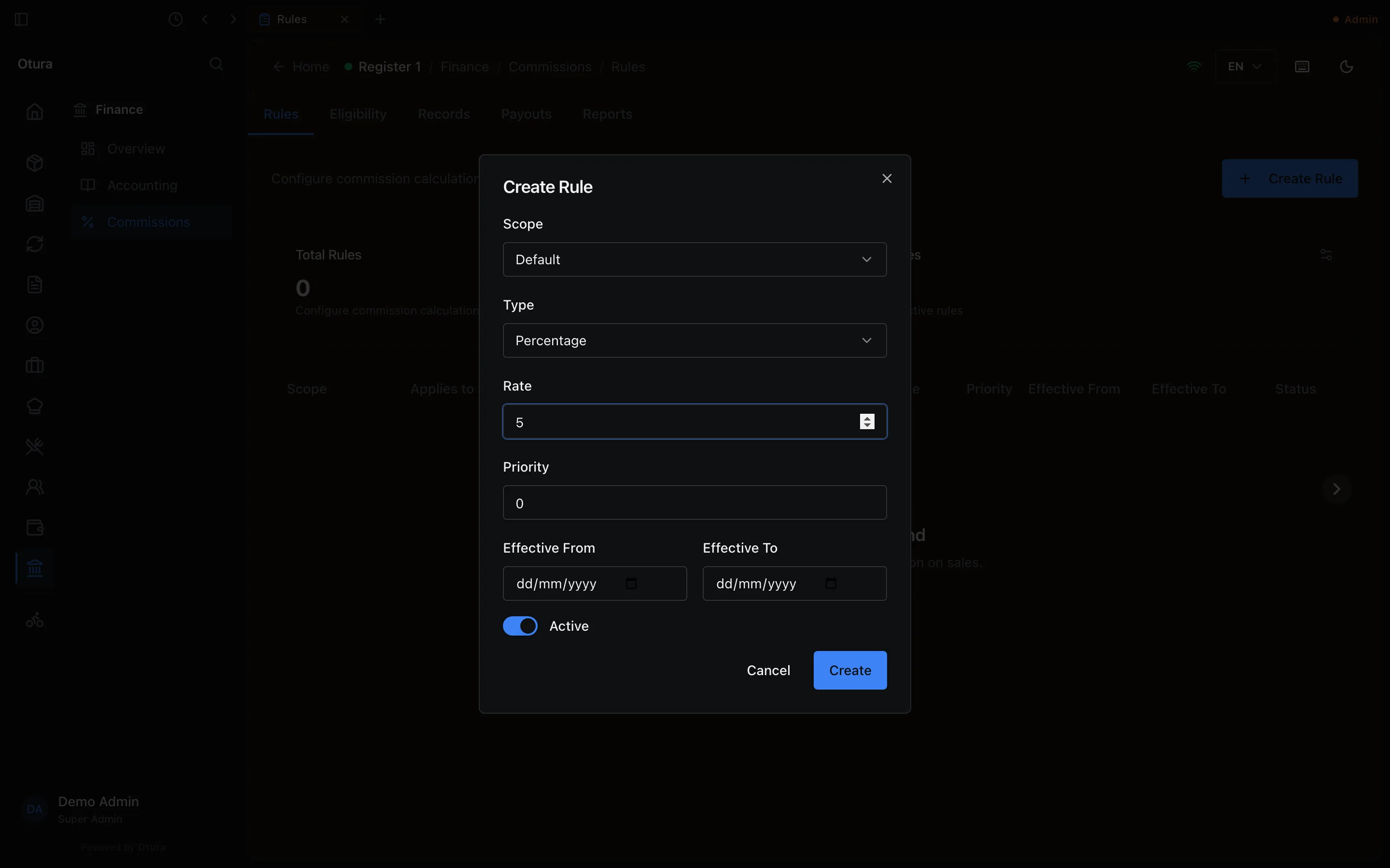 The Create Rule window: Scope Default, Type Percentage, Rate 5, Priority 0, Effective From and To, Active on, Cancel and Create.