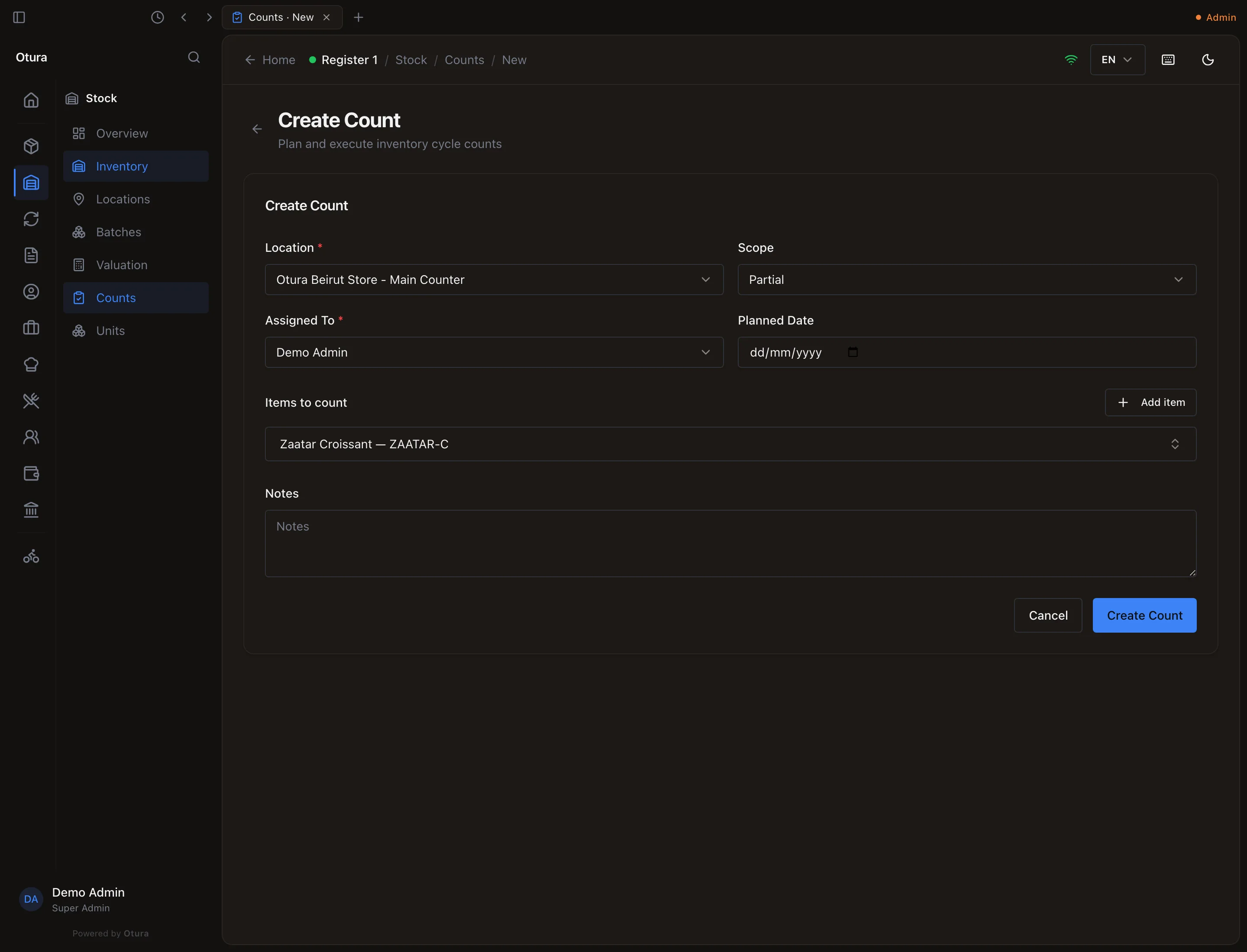 Create Count with a location, Partial scope, one item to count, and Assigned To set to the person planning it.