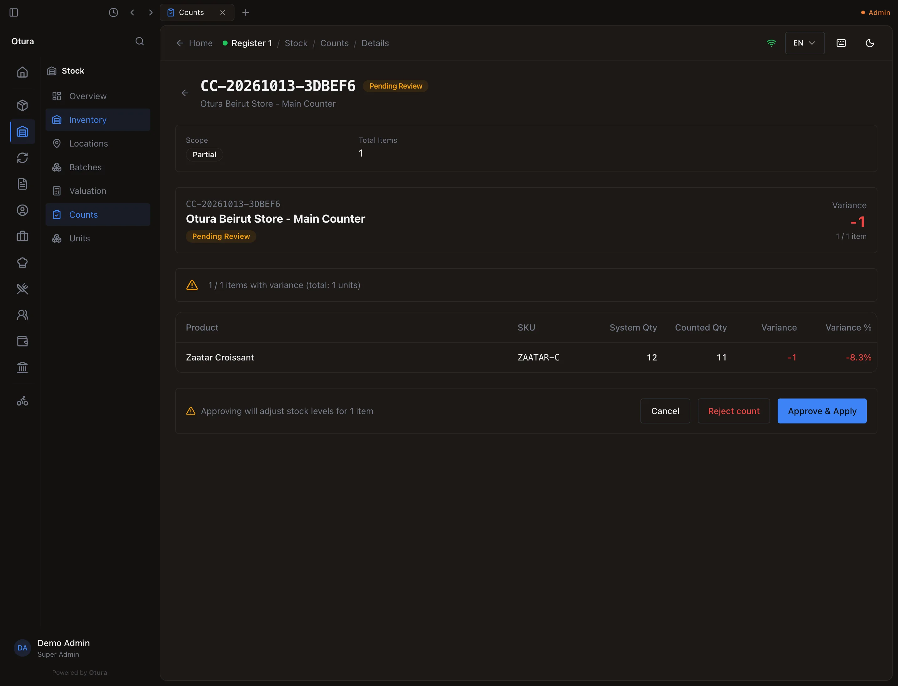 A count pending review, showing System Qty, Counted Qty, Variance and Variance % for one item, with Reject count and Approve & Apply.