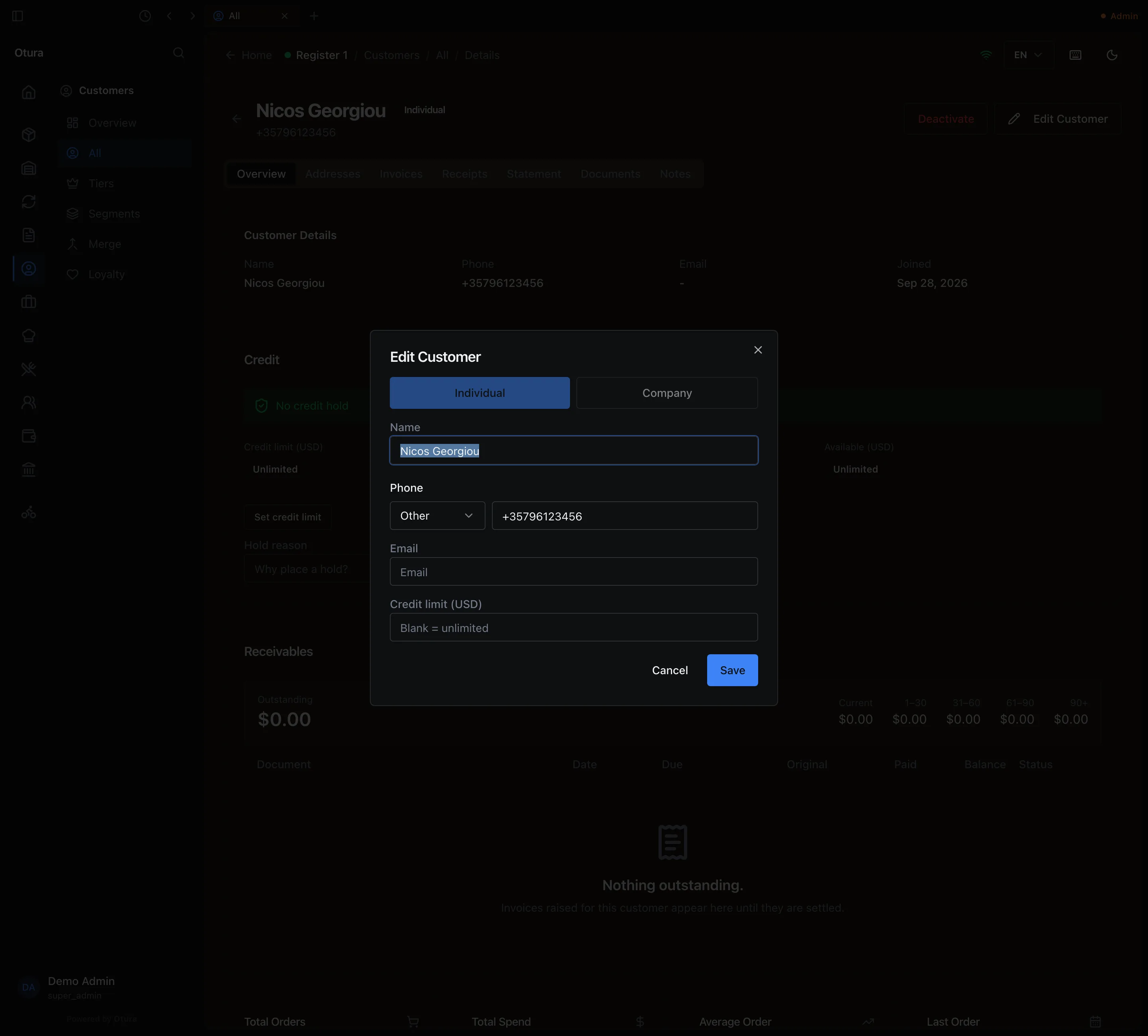 The Edit Customer window in the back office for Nicos Georgiou: Individual selected, Name Nicos Georgiou, Phone with Other chosen and +35796123456, Email, Credit limit (USD), and Cancel and Save.