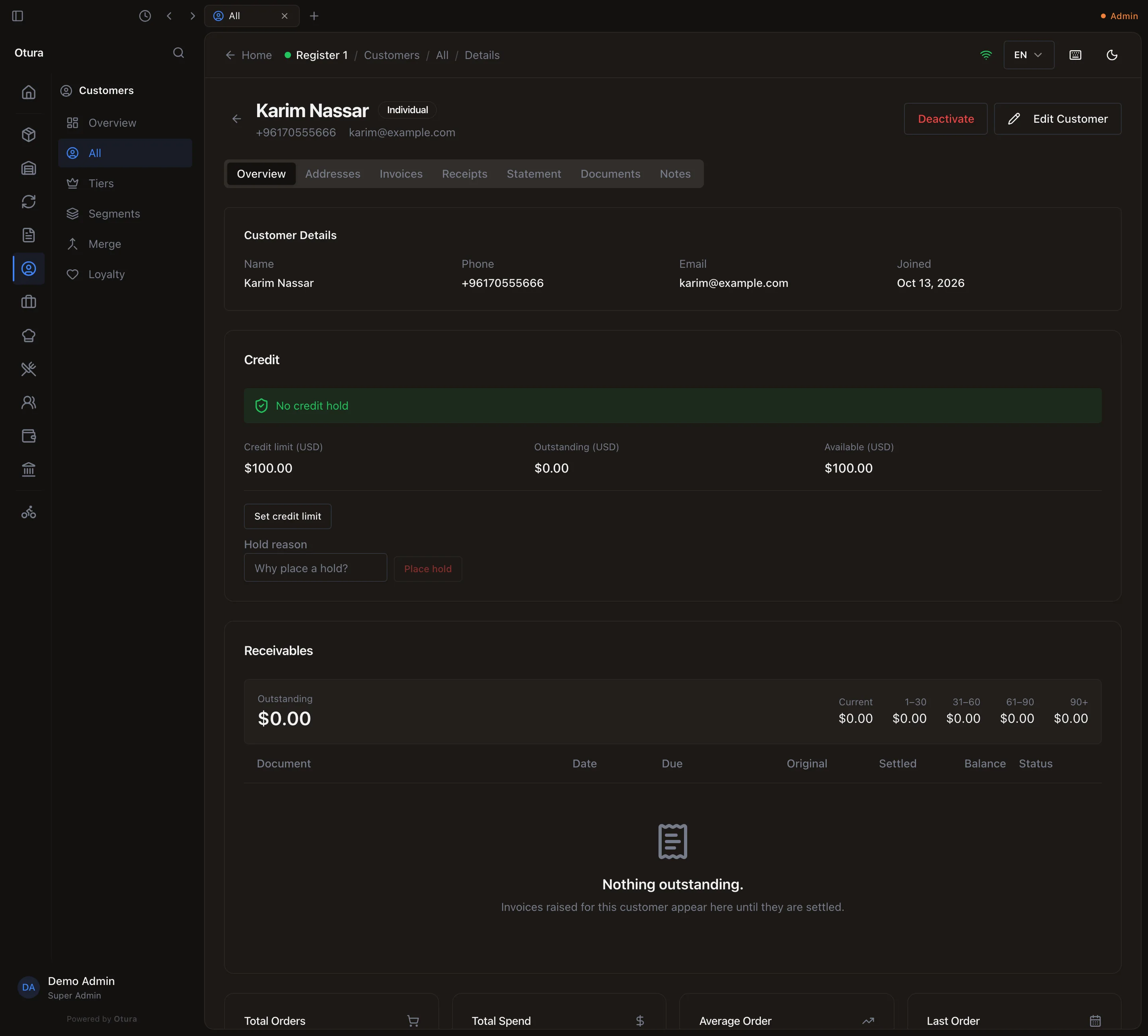 Karim Nassar's Overview: the Credit box with No credit hold, Credit limit (USD) $100.00, Outstanding (USD) and Available (USD), the Set credit limit button and the Hold reason field.