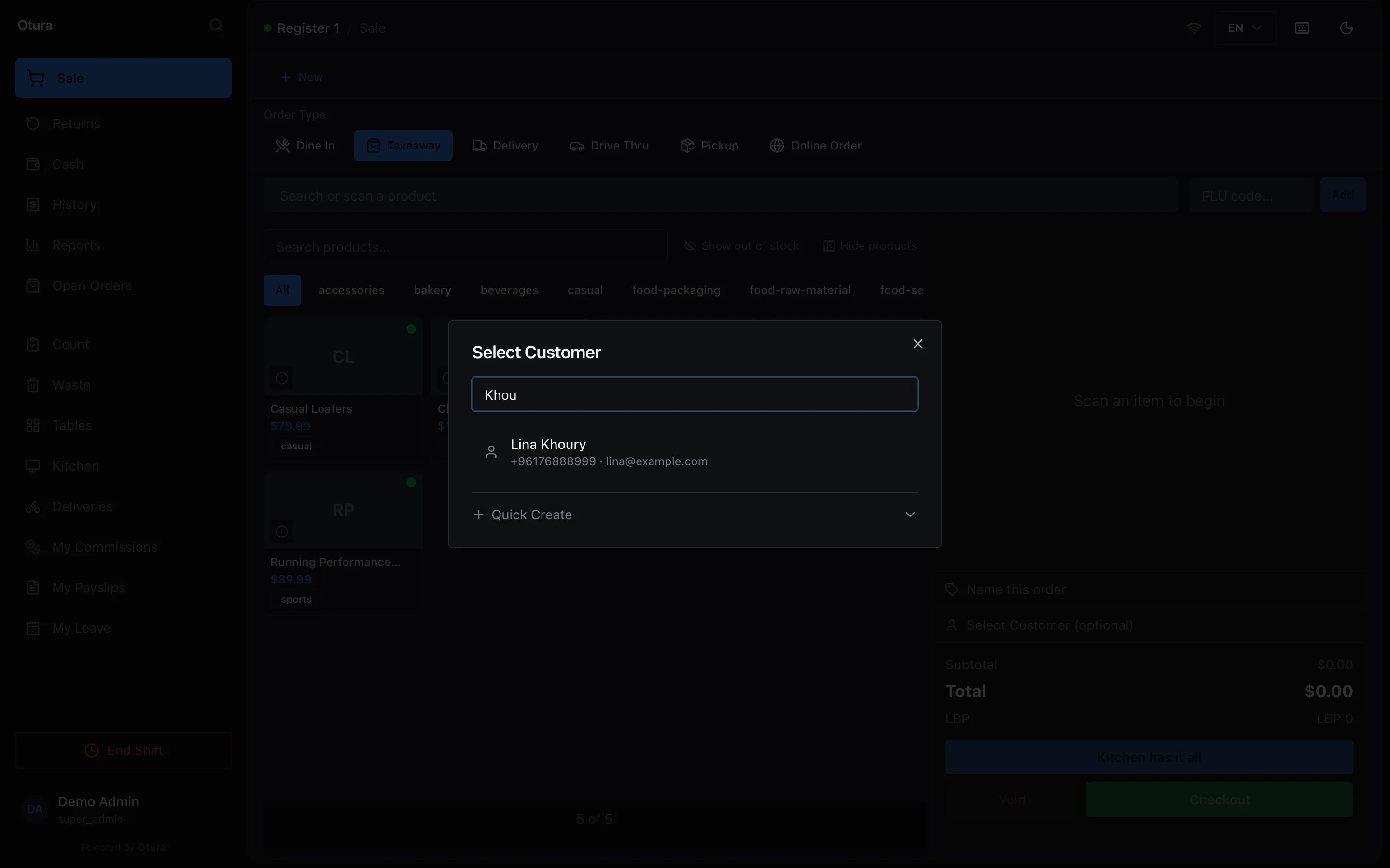 The Select Customer window on the till, with Khou typed in the search box and Lina Khoury, +96176888999, lina@example.com listed below, and the Quick Create section collapsed.