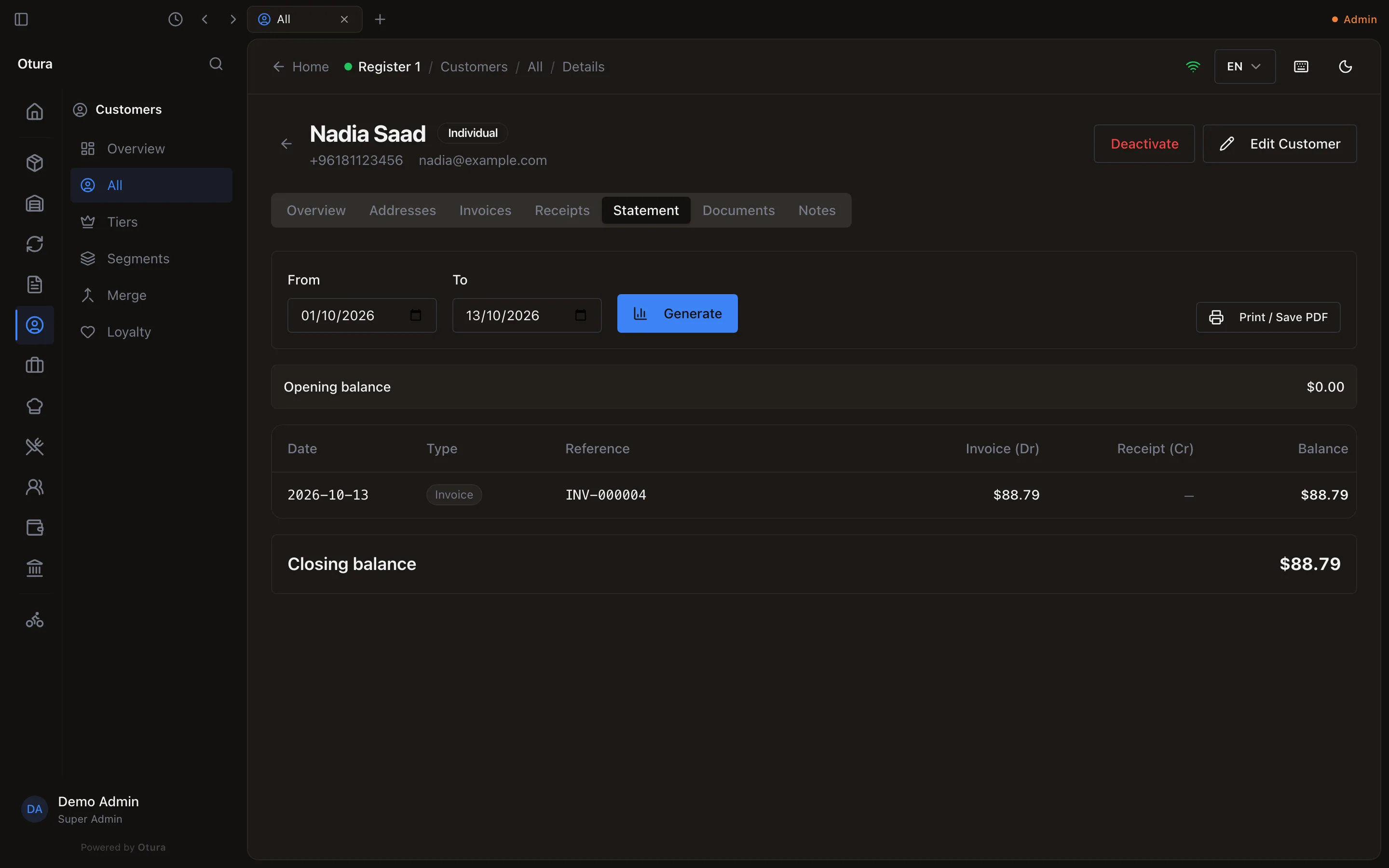 Nadia Saad's Statement tab: From and To dates, Generate and Print / Save PDF; Opening balance $0.00; the invoice row with its date, reference, debit and running balance; Closing balance.