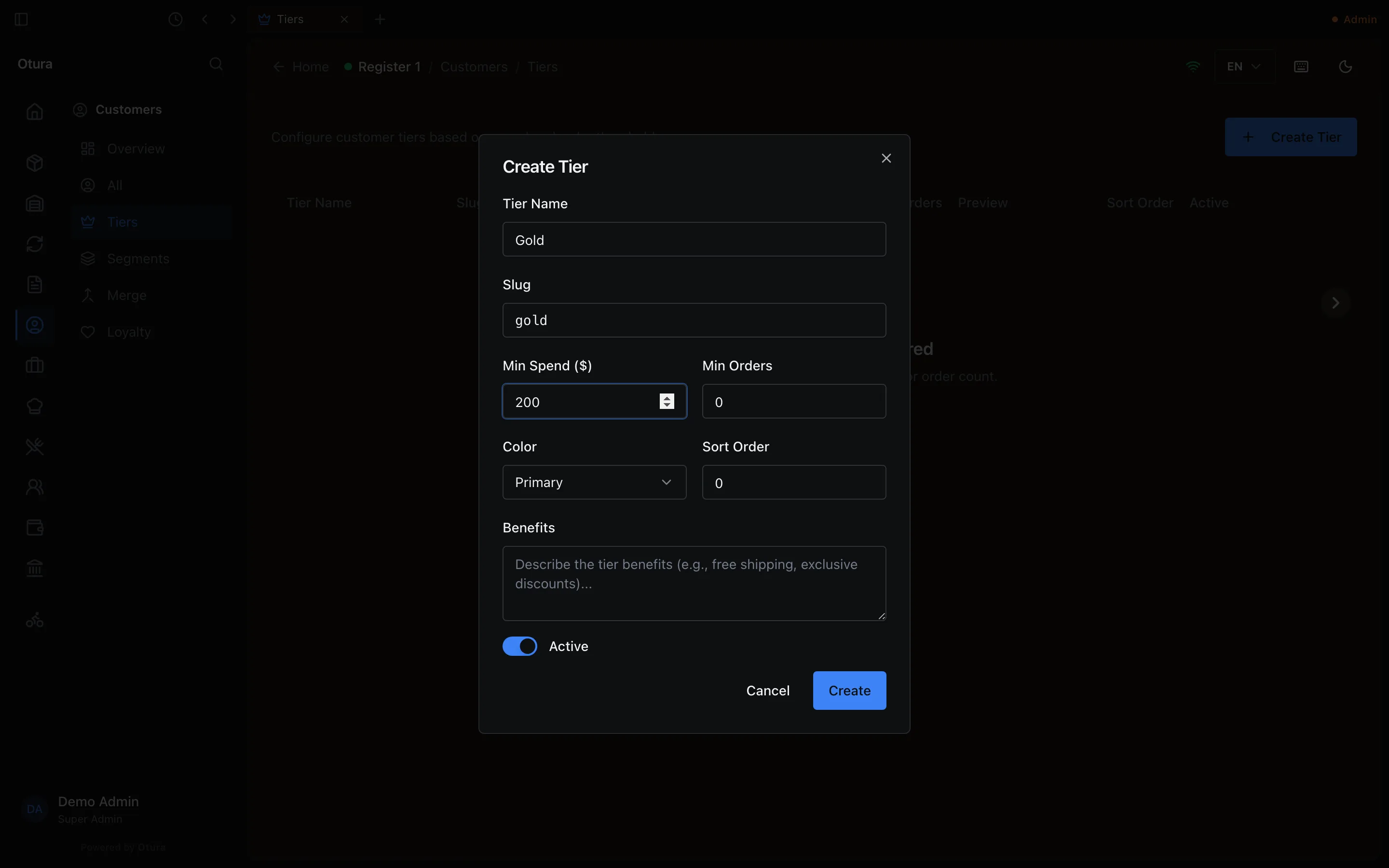 The Create Tier window: Tier Name Gold, Slug gold, Min Spend ($) 200, Min Orders, Color, Sort Order, Benefits and Active, with Cancel and Create.