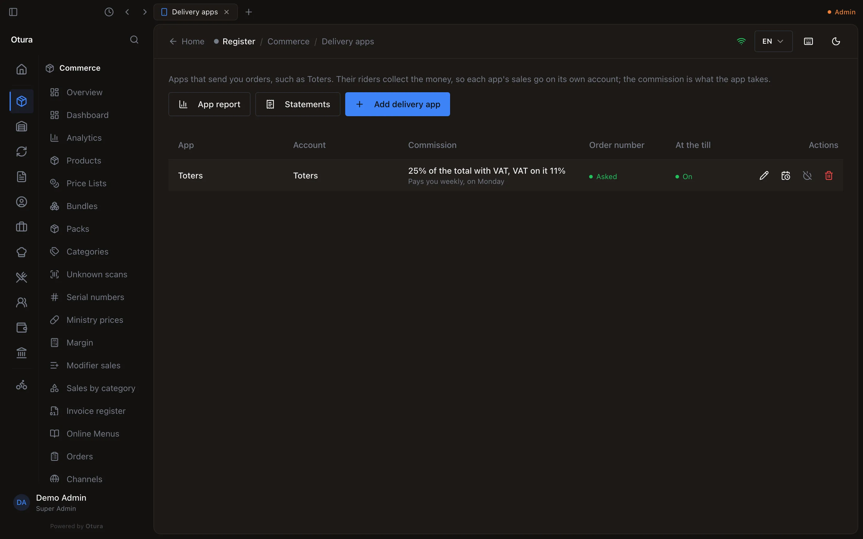 Commerce › Delivery apps, with the buttons App report, Statements and Add delivery app: Toters with its account Toters, Commission 25% of the total with VAT, VAT on it 11% and under it Pays you weekly, on Monday, Order number Asked, At the till On, and on the row the buttons Edit delivery app, New rate, Turn off and Remove.