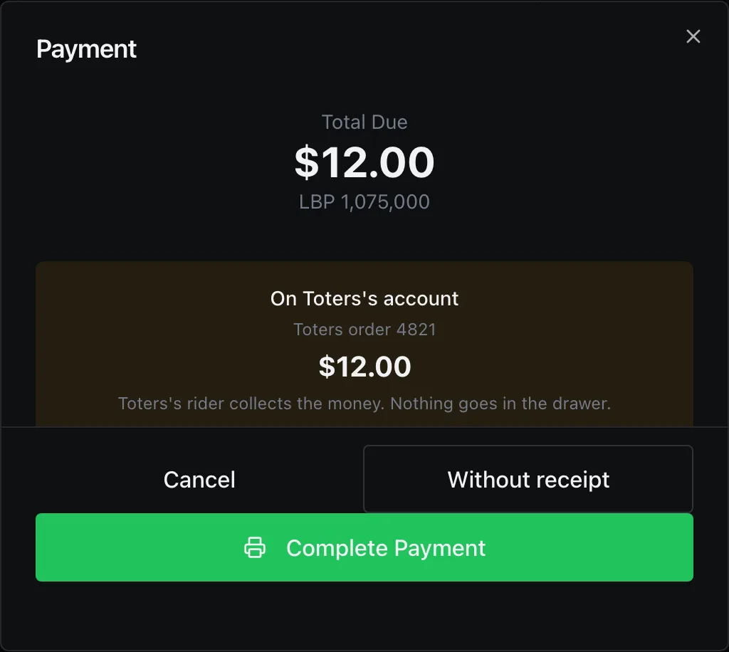 The payment screen for a Toters order: On Toters's account, Toters order 4821, the amount, Toters's rider collects the money. Nothing goes in the drawer., with no cash or card buttons.