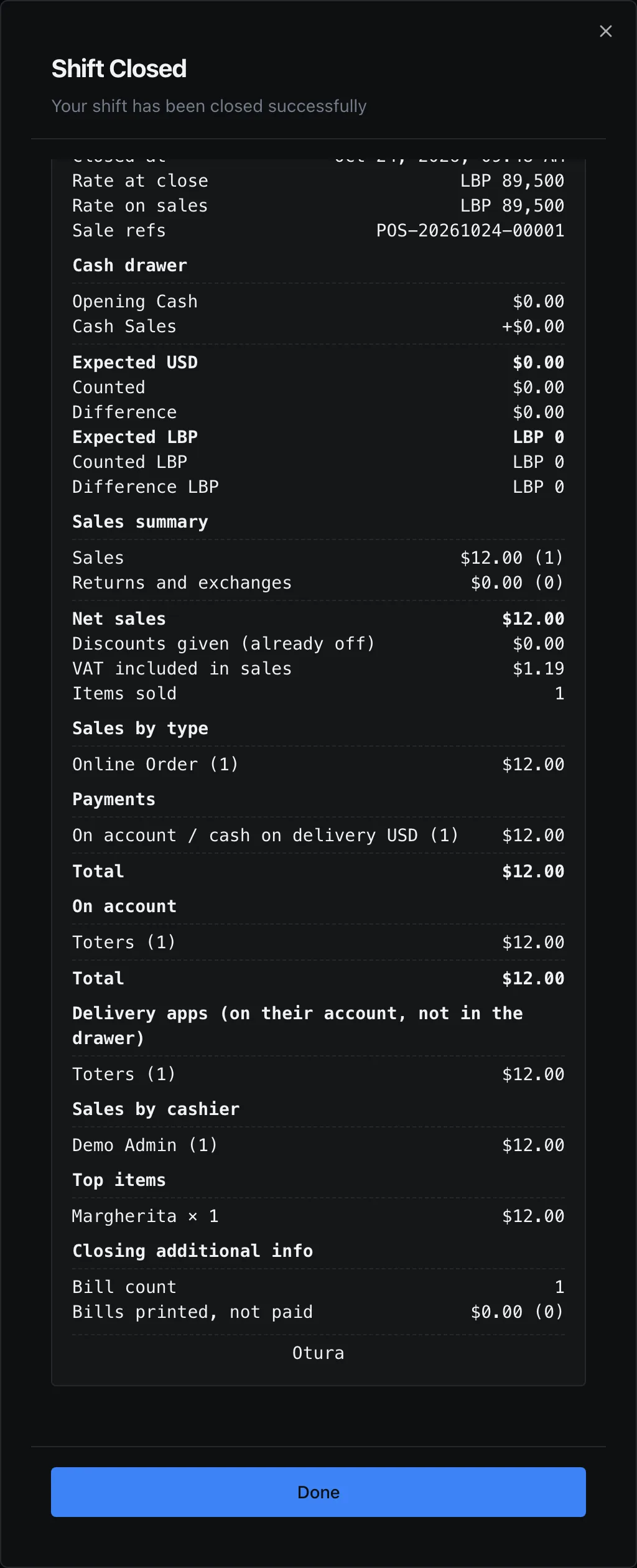 The closing report: Expected USD $0.00 in the cash drawer, Sales $12.00 (1), Online Order (1), On account Toters (1) $12.00, and the section Delivery apps (on their account, not in the drawer) listing Toters (1) $12.00.