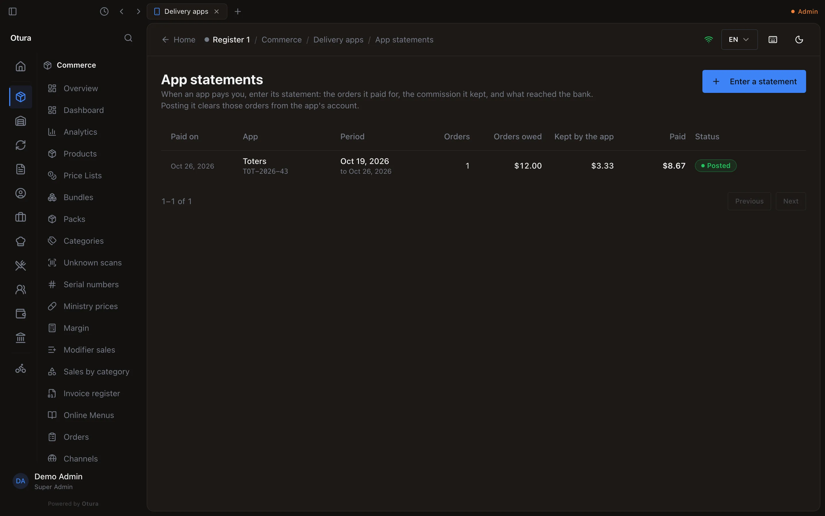 App statements: one row, Paid on Oct 26, 2026, App Toters with TOT-2026-43 under it, Period Oct 19, 2026 to Oct 26, 2026, Orders 1, Orders owed $12.00, Kept by the app $3.33, Paid $8.67, Status Posted.