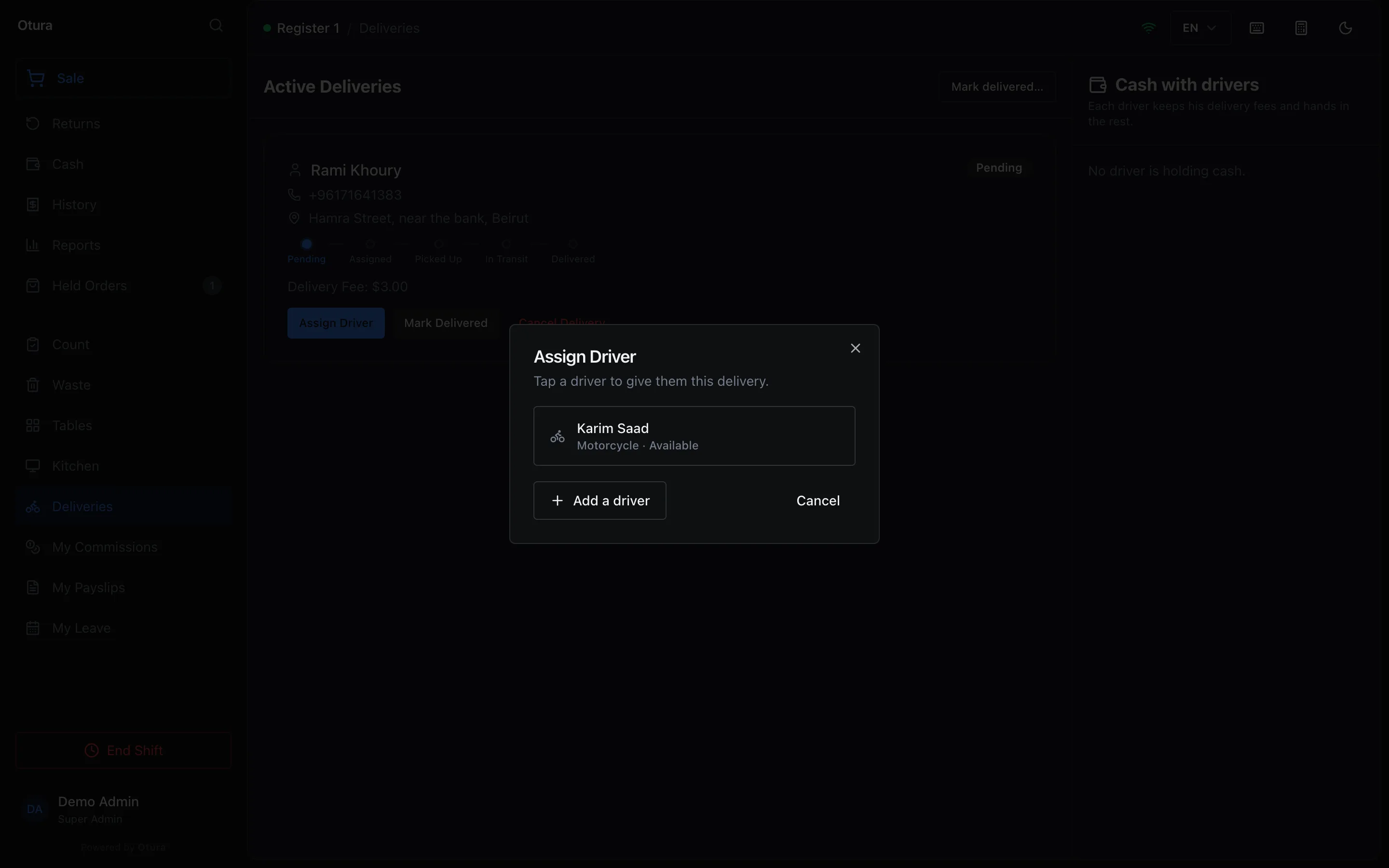 The Assign Driver window on the till's Deliveries screen: Tap a driver to give them this delivery, and Karim Saad, Available, as a button; Cancel.