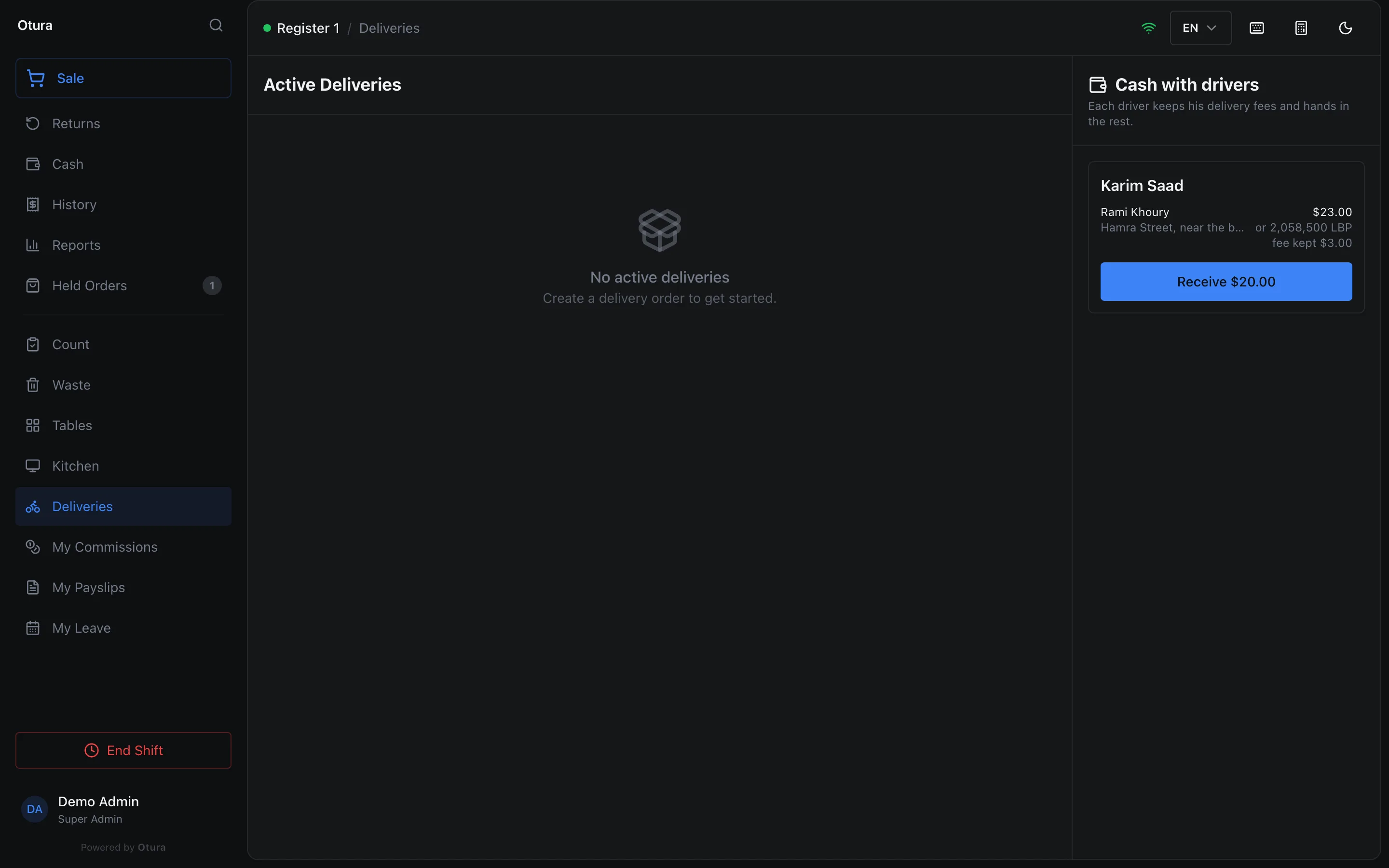 The till's Deliveries screen and the Cash with drivers panel listing, under Karim Saad, Rami Khoury's delivery of $23.00, or 2,058,500 LBP, with fee kept $3.00, and a Receive $20.00 button.