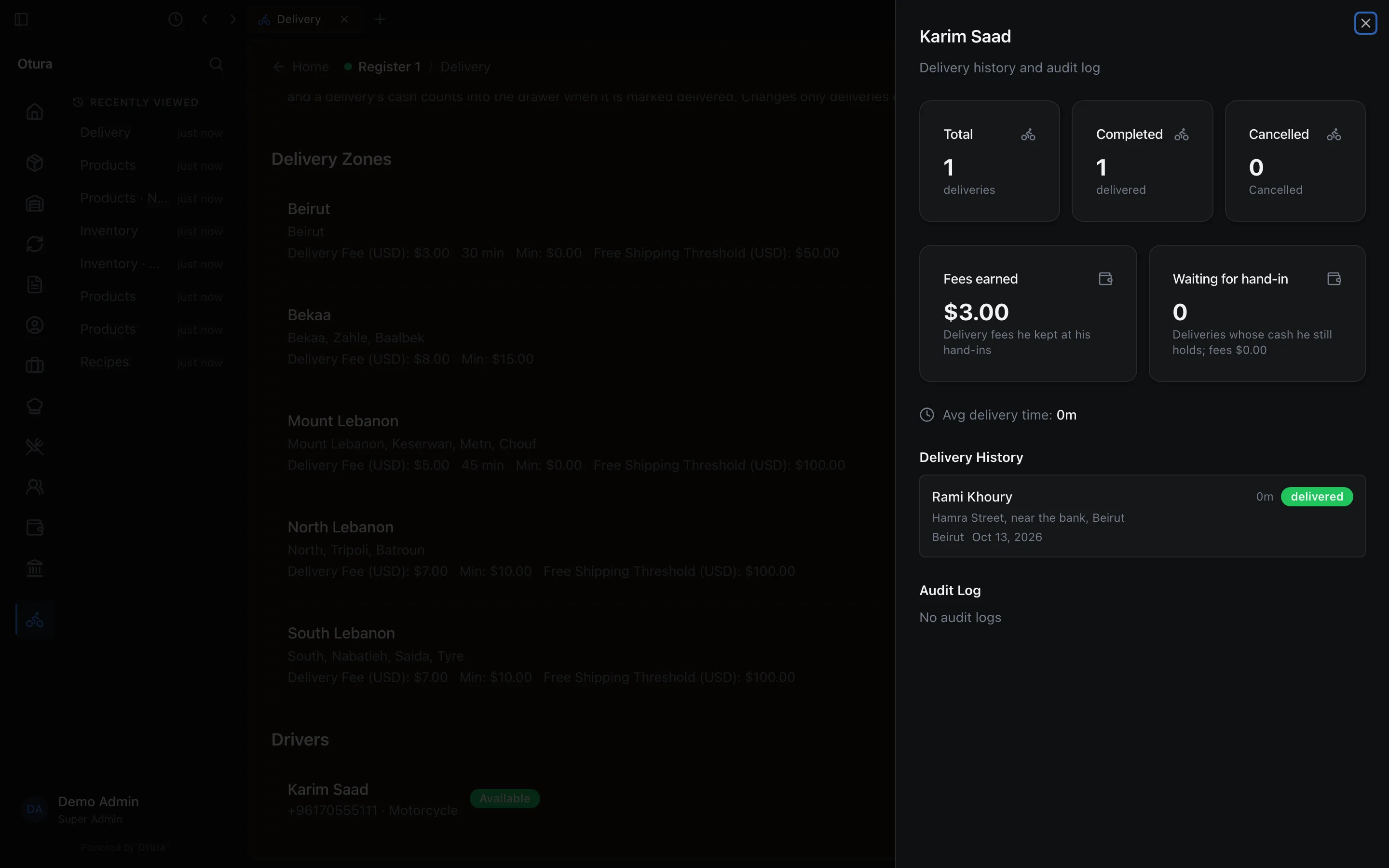 Karim Saad's history: 1 delivery, 1 delivered, Fees earned $3.00, Waiting for hand-in 0, and the delivered order.