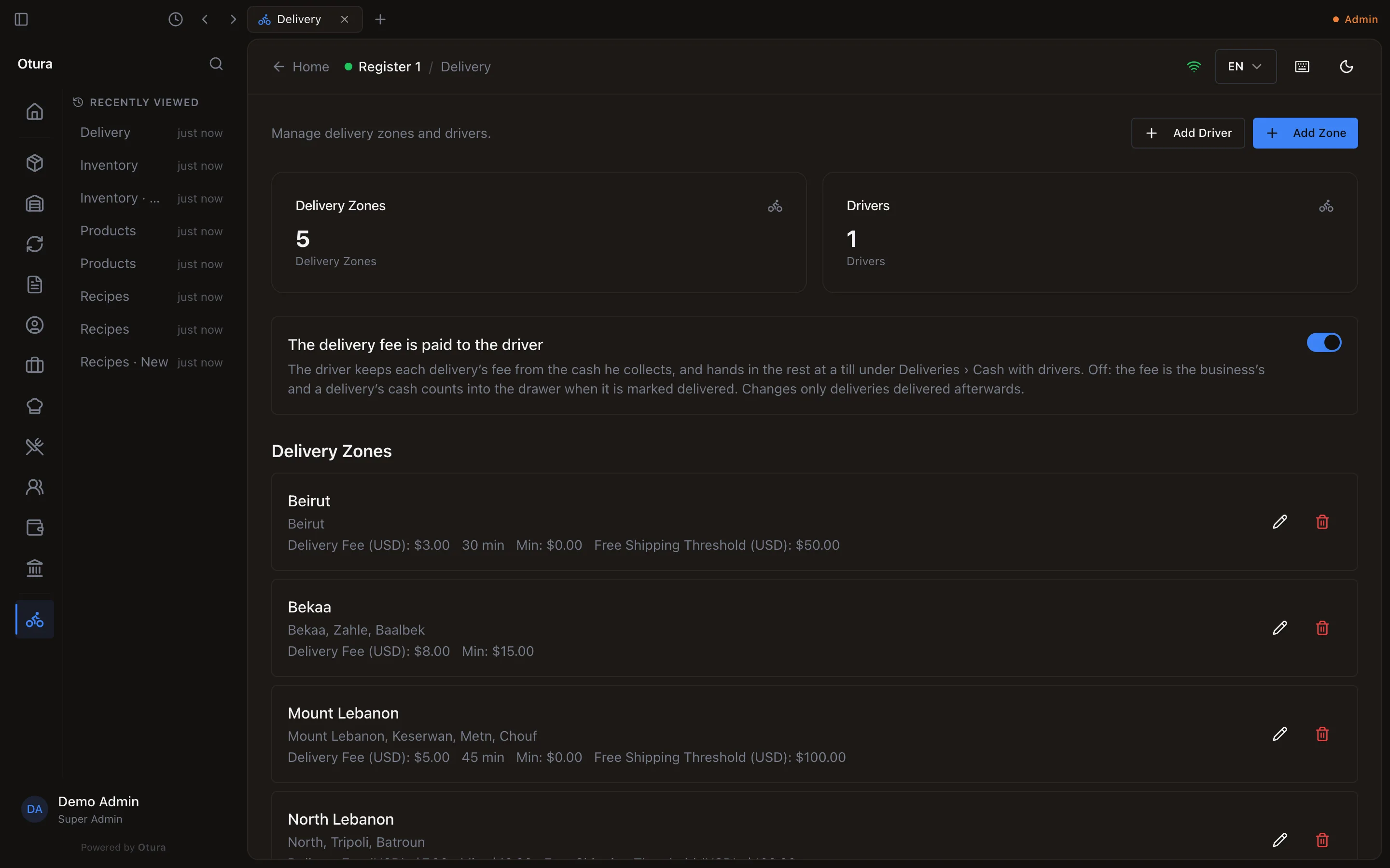 The Delivery page with the switch The delivery fee is paid to the driver turned on, and its explanation.
