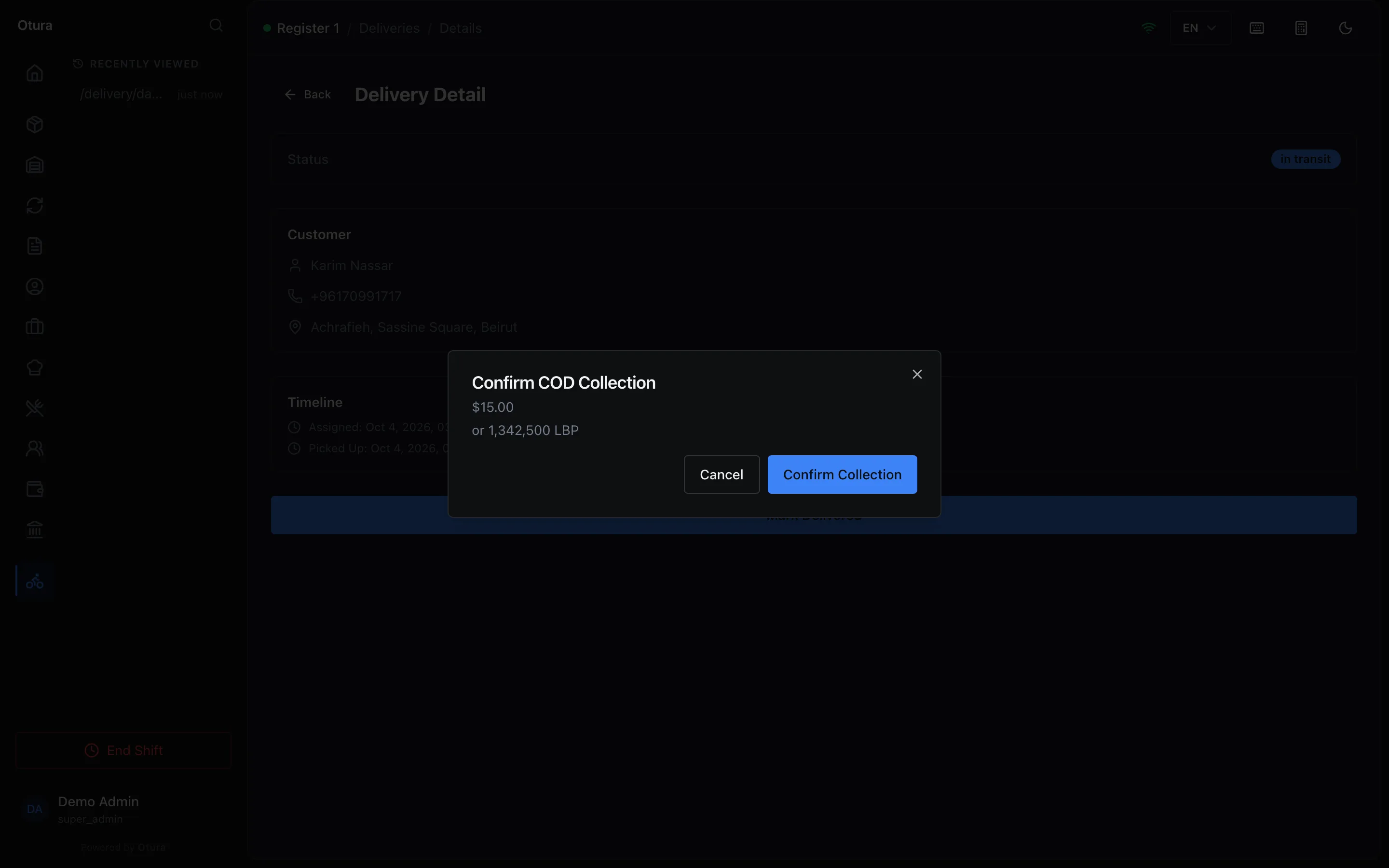 The till's Delivery Detail for Karim Nassar, in transit, with the Confirm COD Collection dialog: $15.00, or 1,342,500 LBP, and Cancel and Confirm Collection buttons.