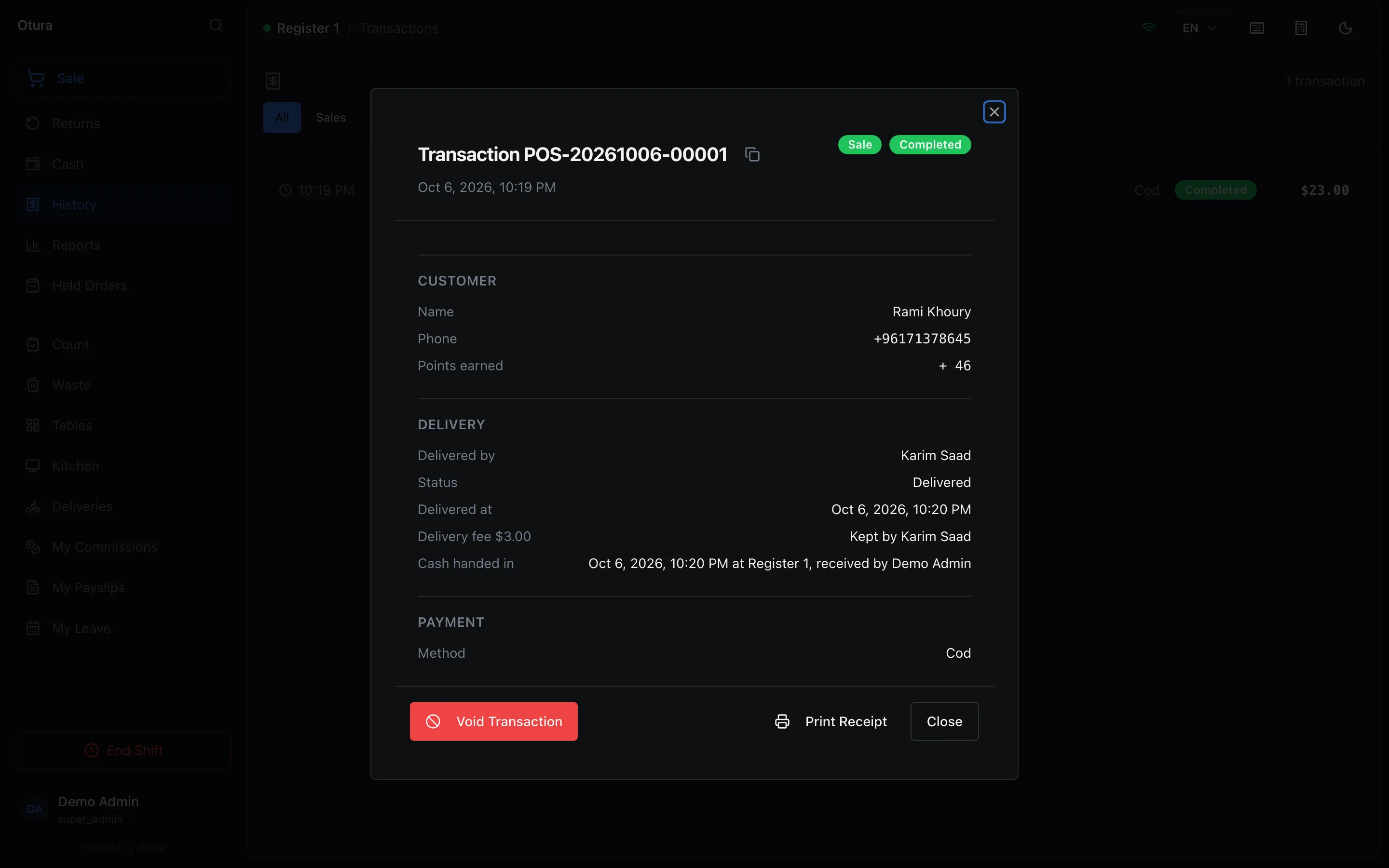 A delivery sale's detail with its Delivery section: Delivered by Karim Saad, Status Delivered, Delivered at, Delivery fee $3.00 Kept by Karim Saad, and Cash handed in at Register 1.