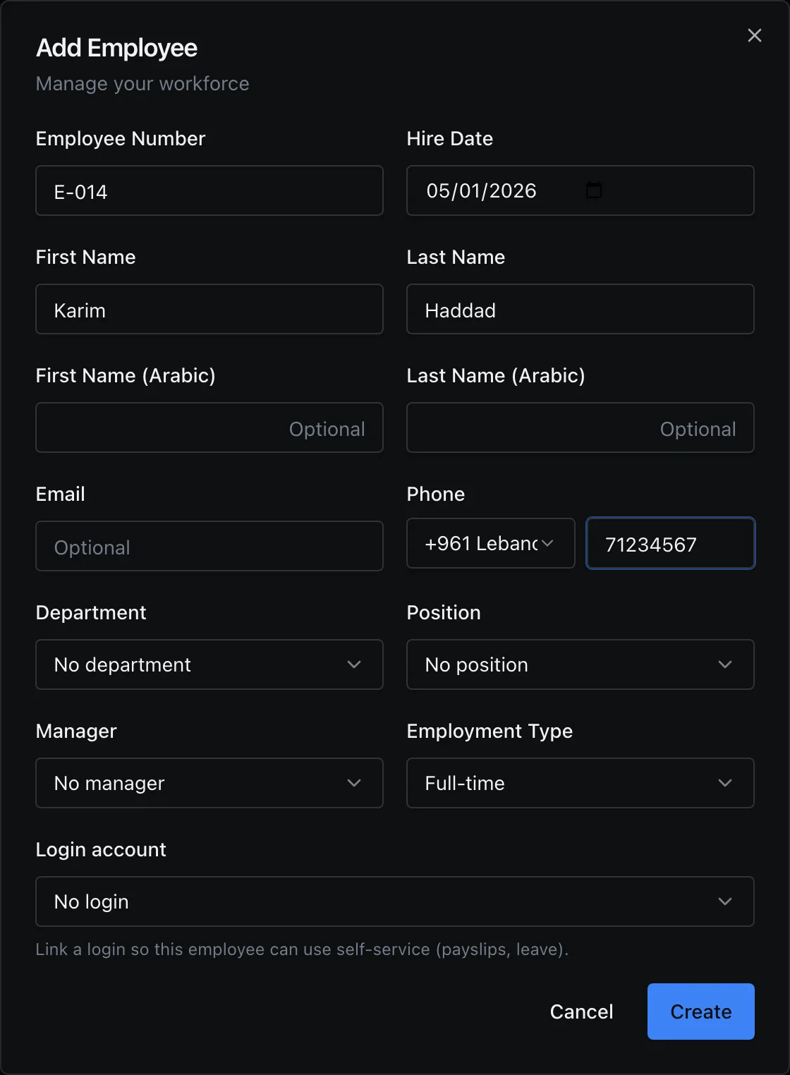 Add Employee: Employee Number E-014, Hire Date 05/01/2026, First Name Karim, Last Name Haddad, the Arabic name fields marked Optional, Email, Phone with +961 Lebanon and 71234567, Department, Position, Manager, Employment Type Full-time, and Login account No login.