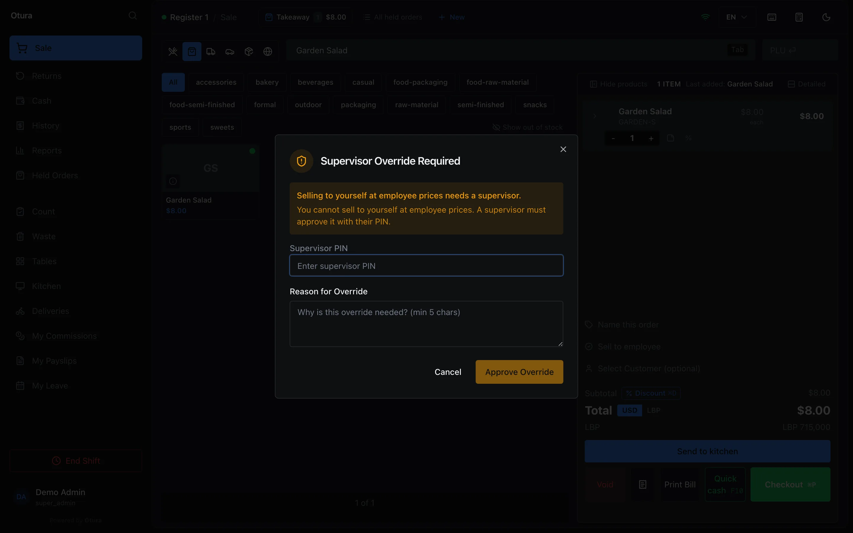 Supervisor Override Required: Selling to yourself at employee prices needs a supervisor. You cannot sell to yourself at employee prices. A supervisor must approve it with their PIN. Supervisor PIN and Reason for Override fields, Cancel and Approve Override.