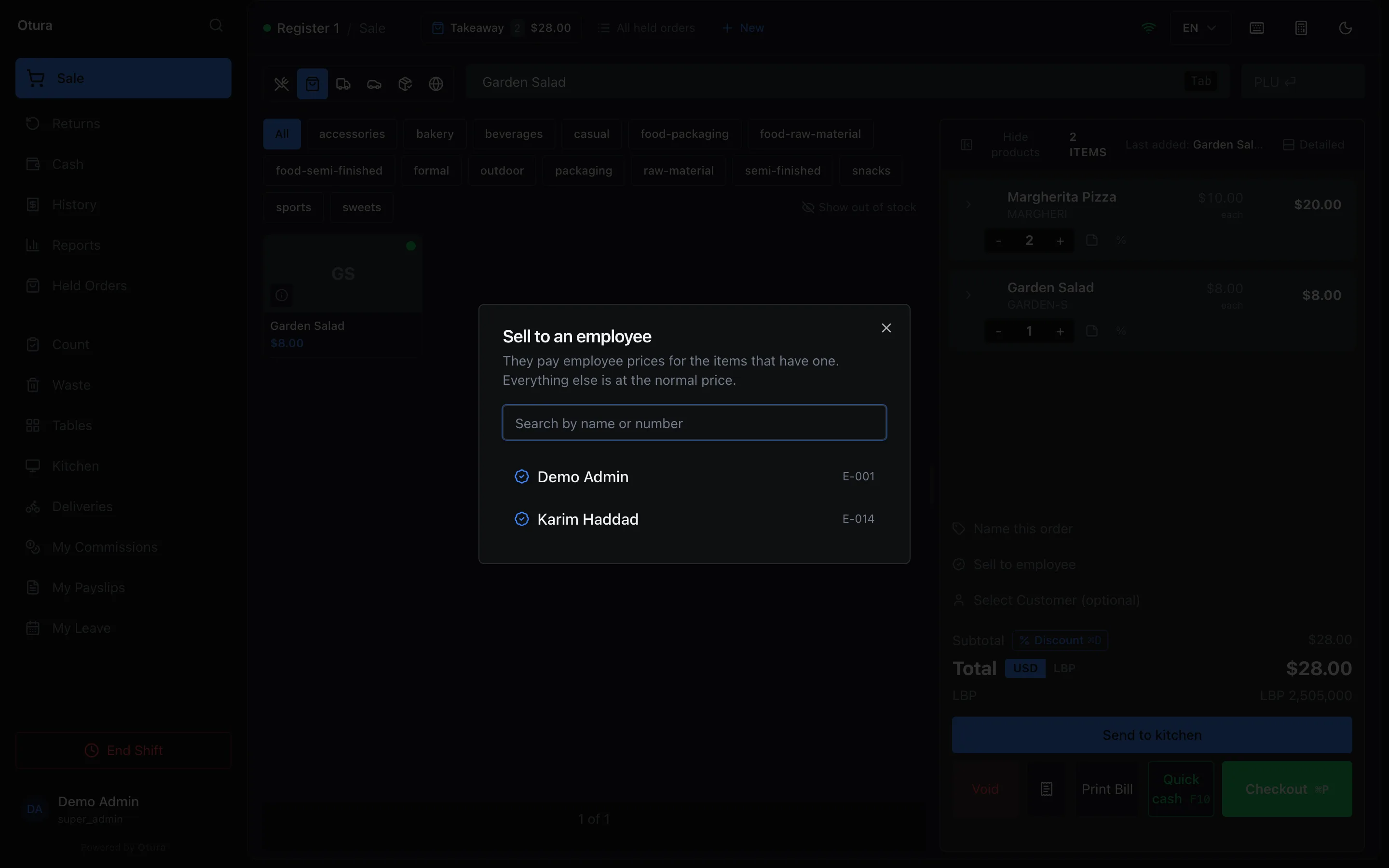 The Sell to an employee dialog over the sale screen: They pay employee prices for the items that have one. Everything else is at the normal price. A search box, and Demo Admin E-001 and Karim Haddad E-014.