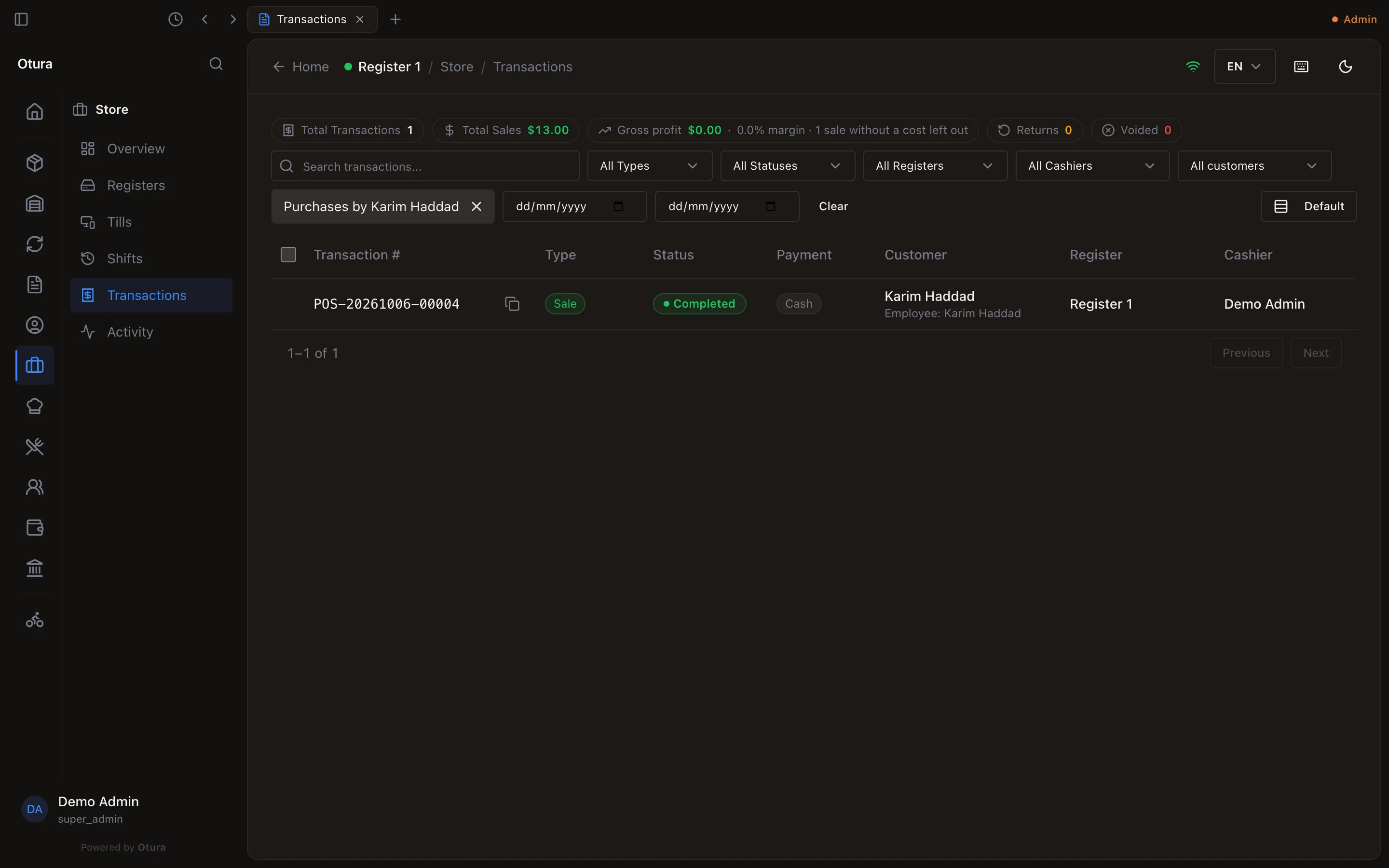 Transactions filtered by Purchases by Karim Haddad, listing his one sale.