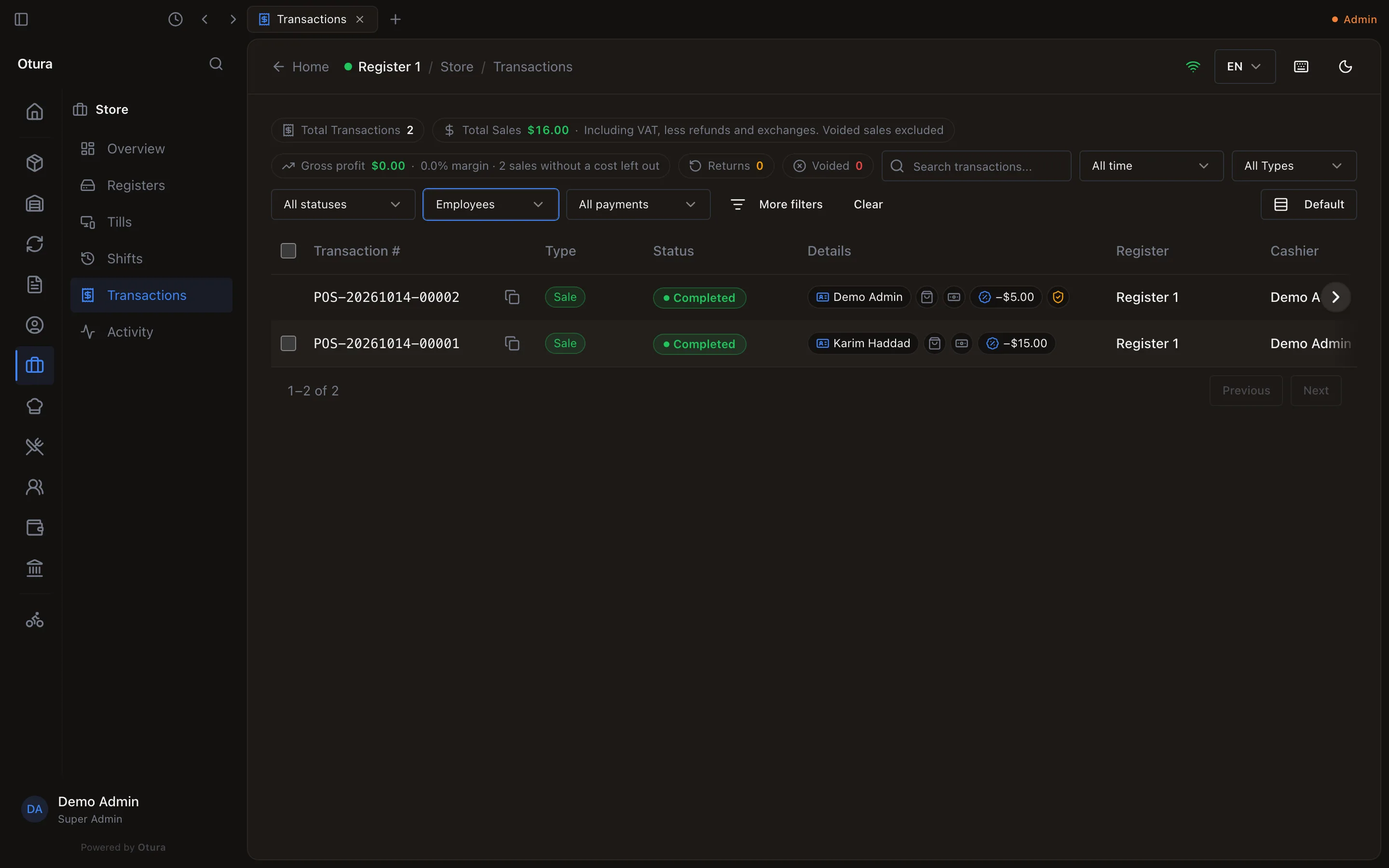 Store › Transactions with the buyer filter on Employees: Total Transactions 2, Total Sales $16.00; two sales, POS-20261014-00002 to Demo Admin with -$5.00 off, and POS-20261014-00001 to Karim Haddad with -$15.00 off, both by the cashier Demo Admin on Register 1; 1–2 of 2.