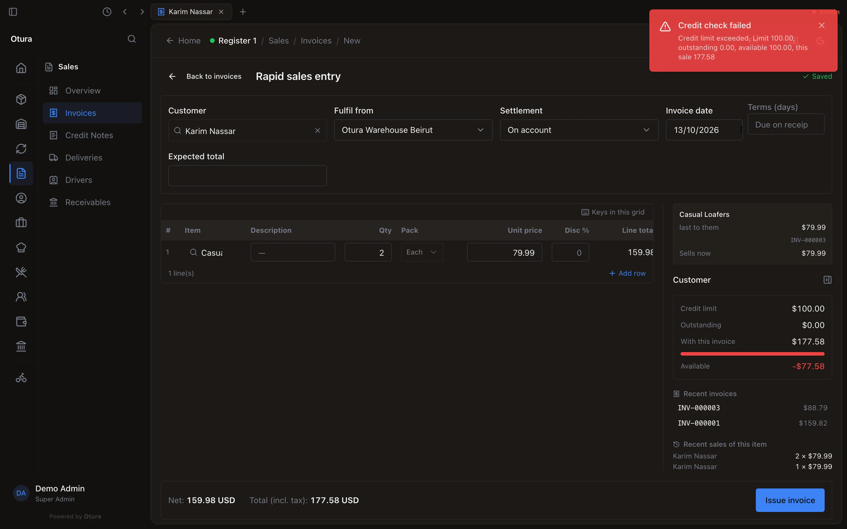 Rapid sales entry for Karim Nassar with two pairs of Casual Loafers, Total 177.58 USD; the Customer panel shows Credit limit $100.00 and Available in red; a red message Credit check failed: Credit limit exceeded, with the limit, what is outstanding and this sale.