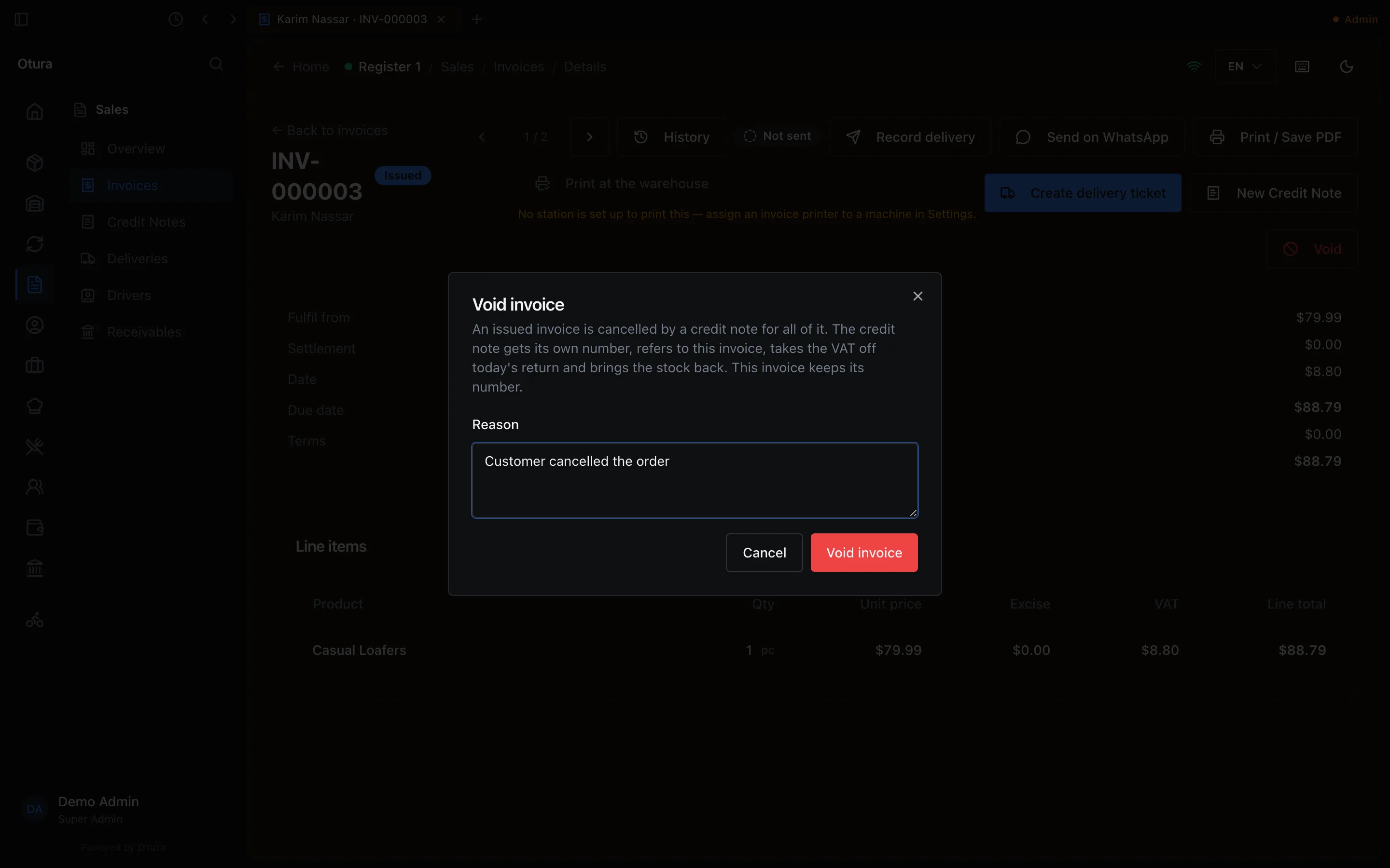 The Void invoice dialog: An issued invoice is cancelled by a credit note for all of it. The credit note gets its own number, refers to this invoice, takes the VAT off today's return and brings the stock back. This invoice keeps its number. Reason: Customer cancelled the order; Cancel and Void invoice.
