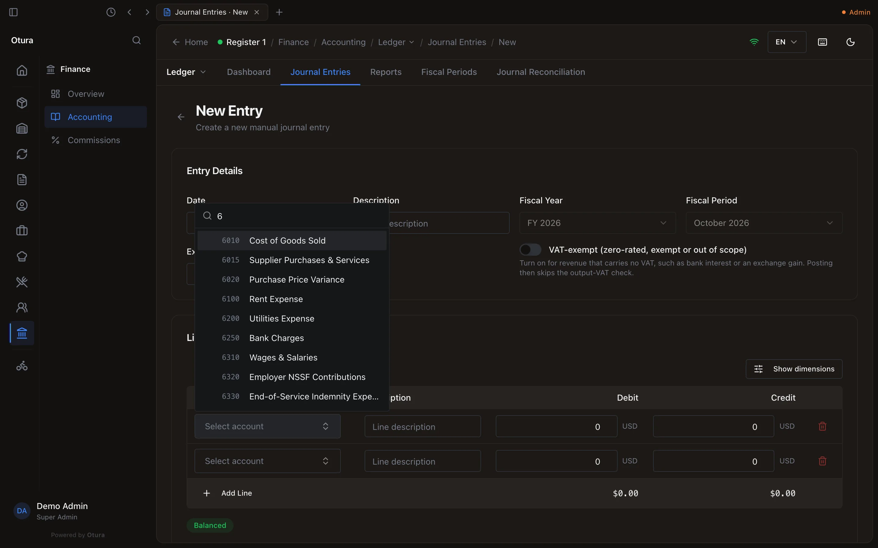 New Entry, the first line's account list open with 6 typed in Code or name: 6010 Cost of Goods Sold, 6015 Supplier Purchases & Services, 6100 Rent Expense and the other 6… accounts, and no 6000 heading.