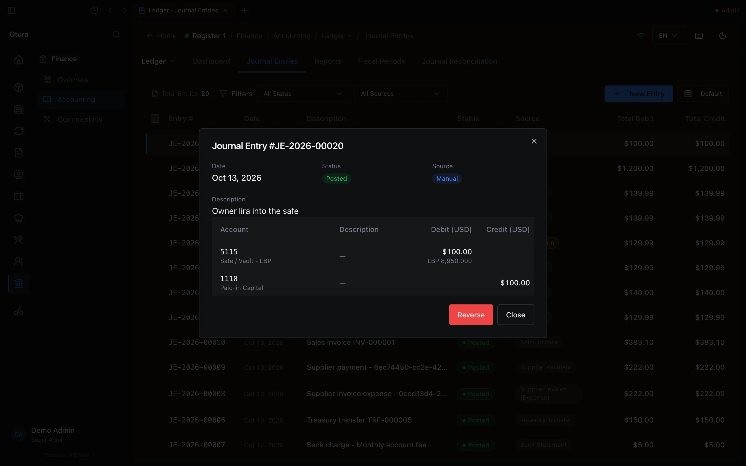 Journal Entry detail, Posted, Source Manual, Owner lira into the safe: 5115 Safe / Vault - LBP debit $100.00 with LBP 8,950,000 under it; 1110 Paid-in Capital credit $100.00; Reverse and Close.