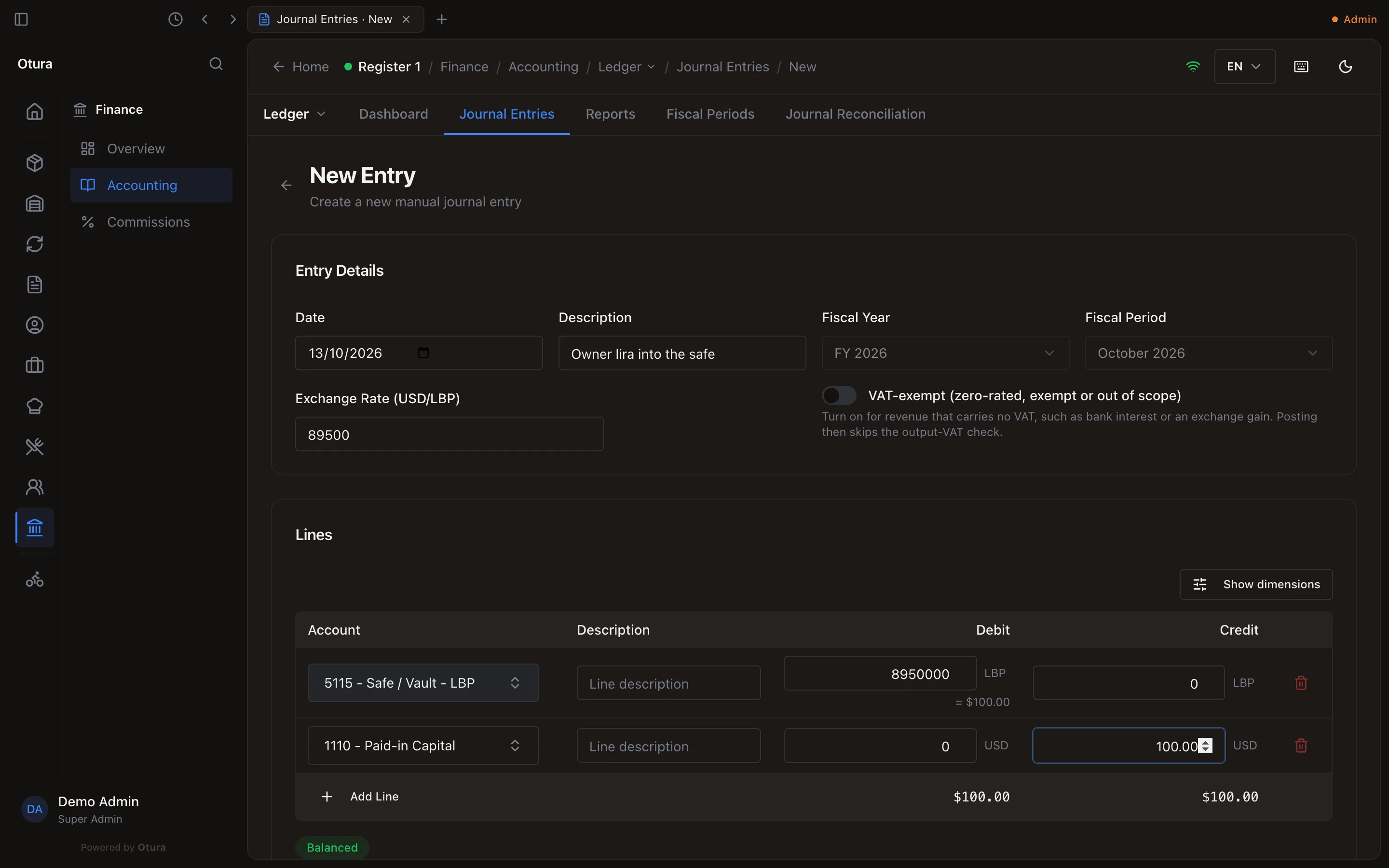 New Entry, Owner lira into the safe, Exchange Rate 89500: 5115 - Safe / Vault - LBP debit 8950000 LBP with = $100.00 beneath it; 1110 - Paid-in Capital credit 100.00 USD; totals $100.00 and $100.00; Balanced.
