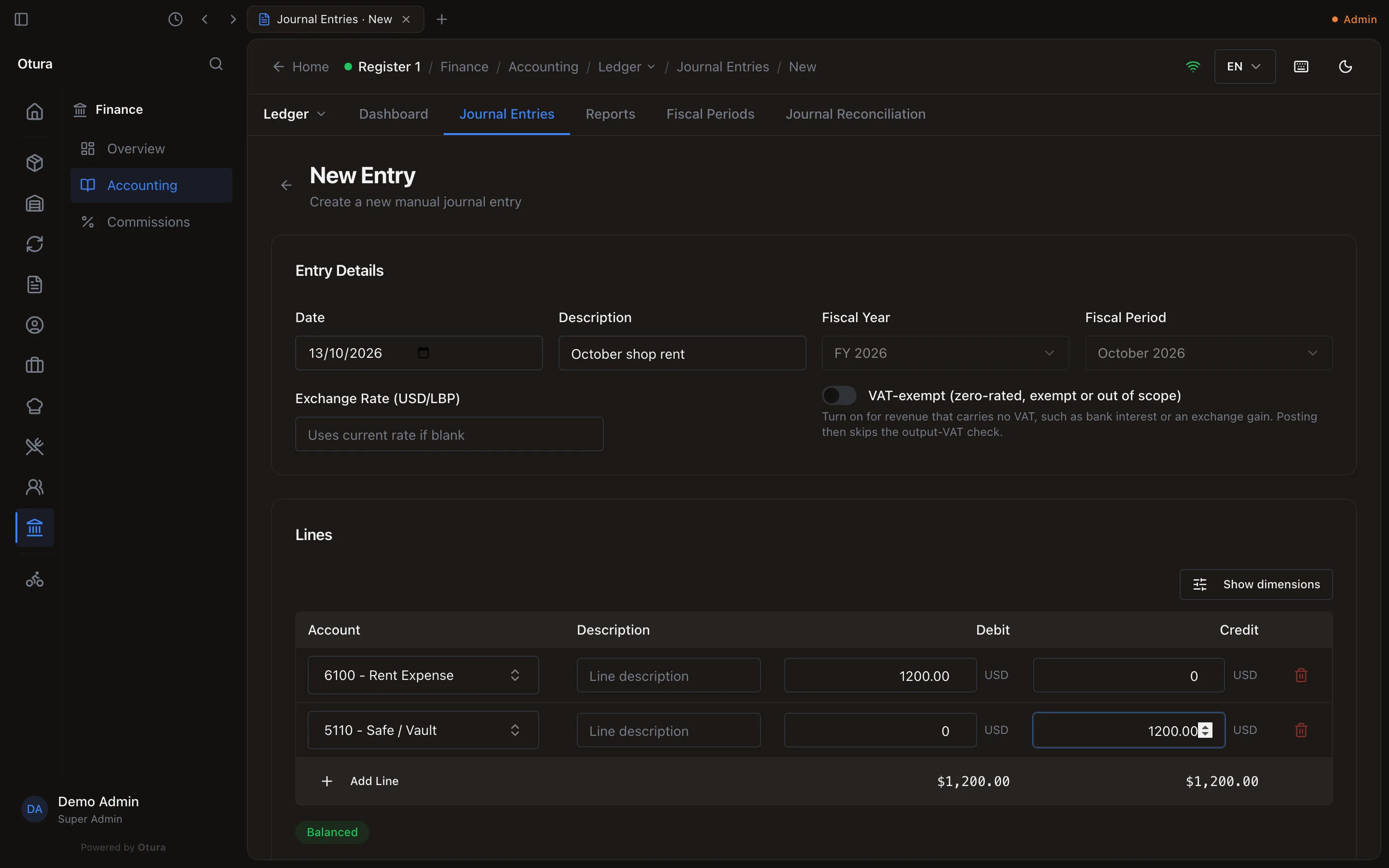 New Entry dated 13/10/2026, description October shop rent, Fiscal Year FY 2026, Fiscal Period October 2026; line 1 6100 - Rent Expense, debit 1200.00 USD; line 2 5110 - Safe / Vault, credit 1200.00 USD; totals $1,200.00 and $1,200.00, Balanced; Cancel and Save as draft.