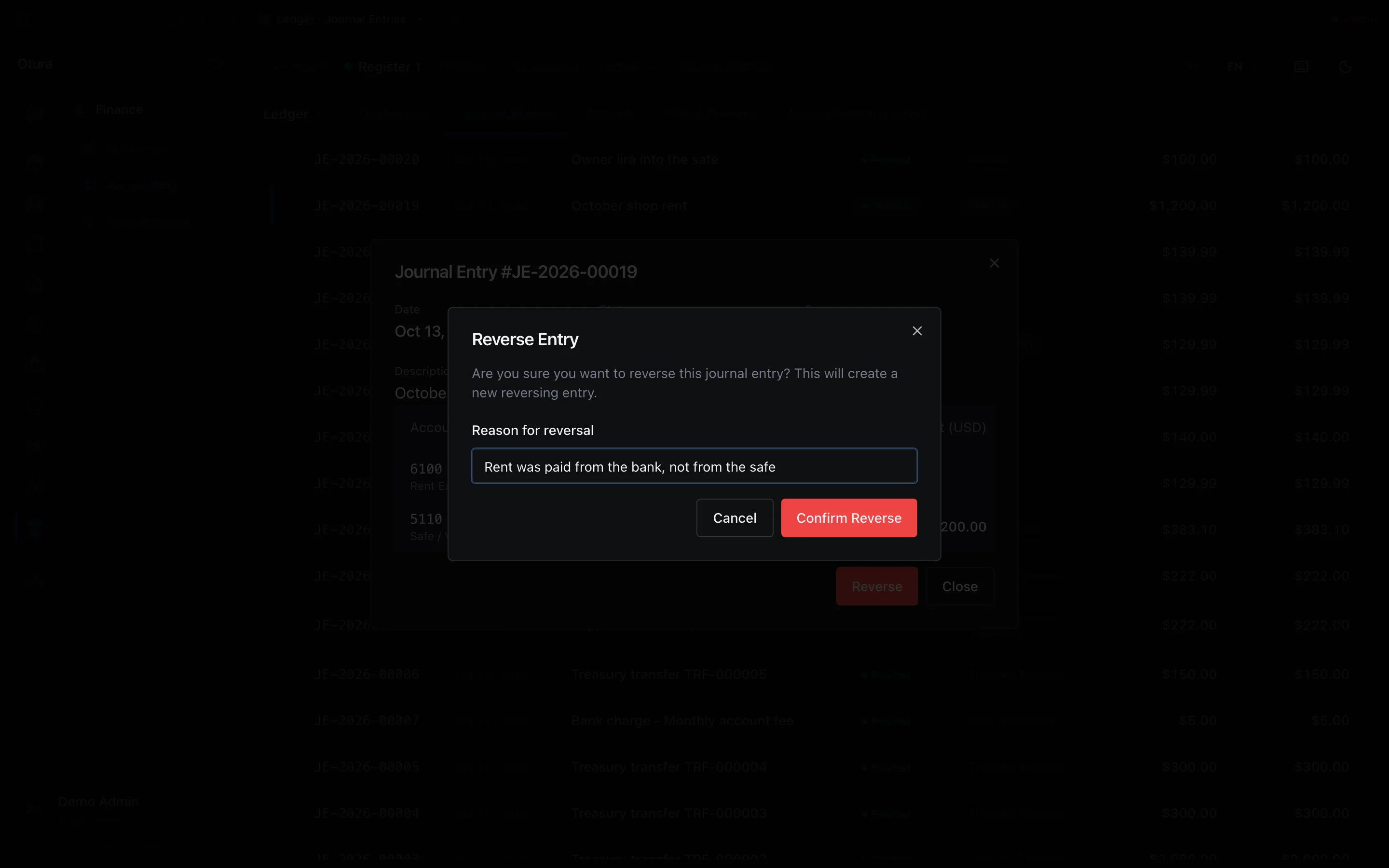 The Reverse Entry dialog: Are you sure you want to reverse this journal entry? This will create a new reversing entry. Reason for reversal: Rent was paid from the bank, not from the safe. Cancel and Confirm Reverse.
