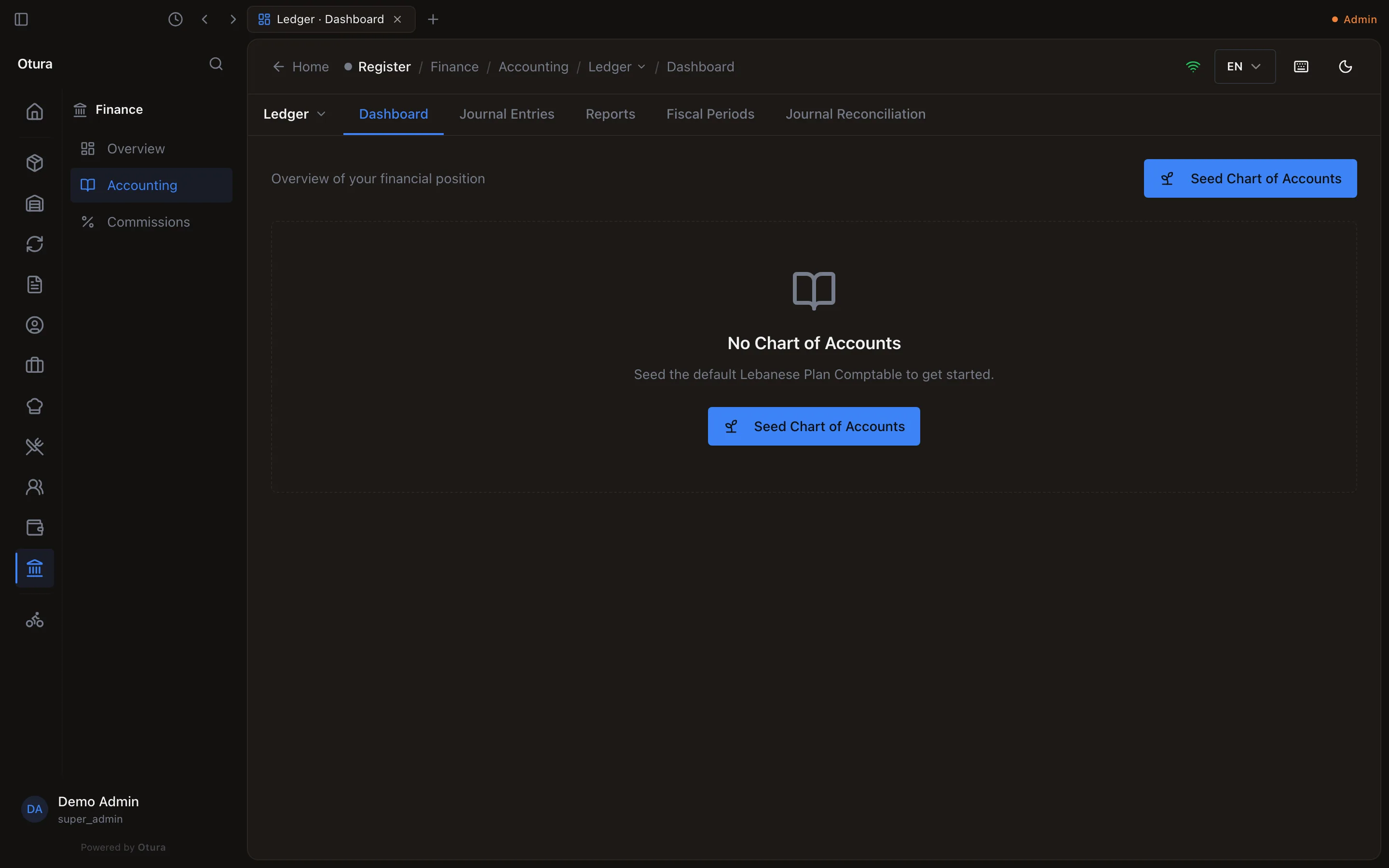 The Accounting Dashboard of a business with no accounts: No Chart of Accounts, Seed the default Lebanese Plan Comptable to get started, and the Seed Chart of Accounts button.