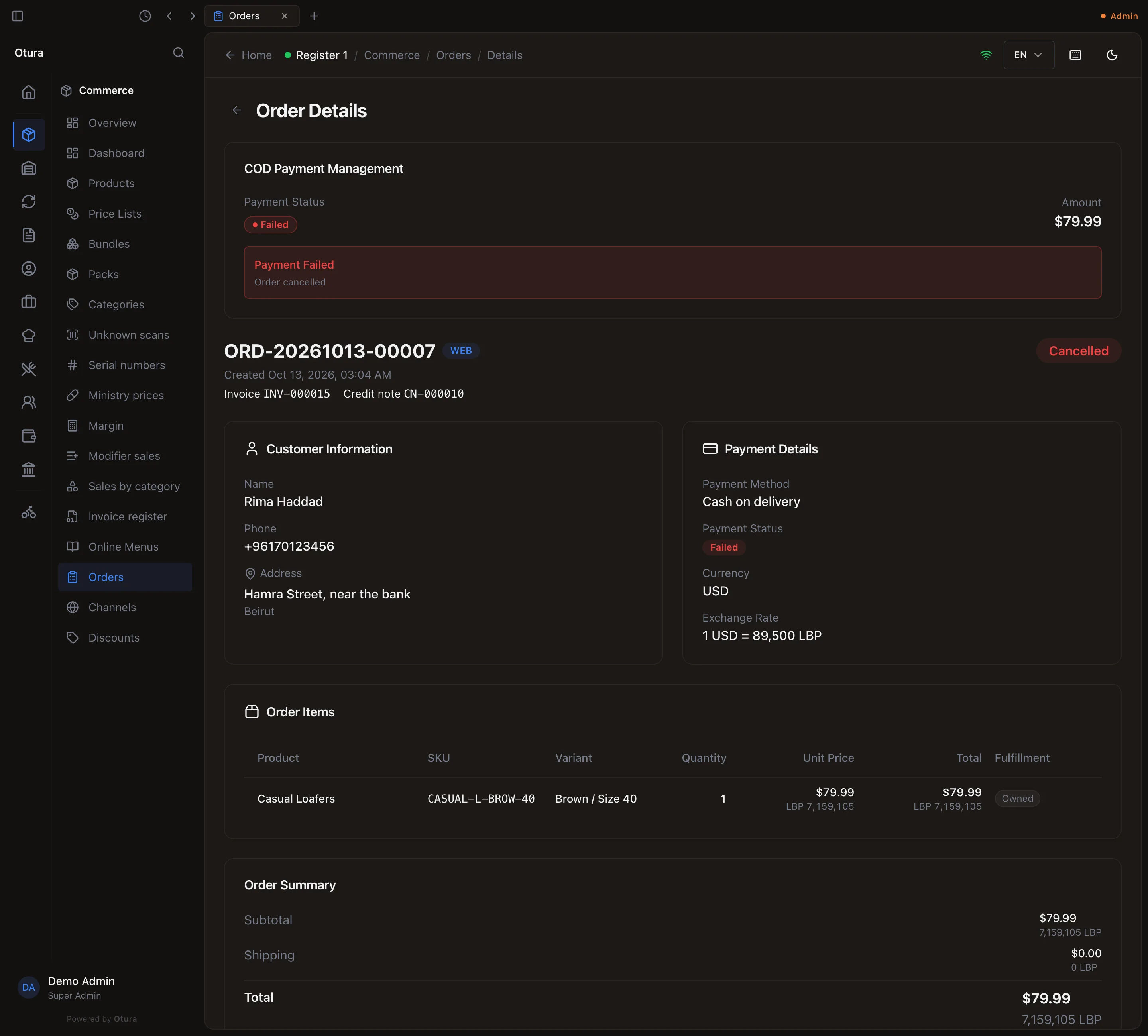 A cancelled online order: the status Cancelled, its Invoice (INV-…) and Credit note (CN-…) numbers under the order number, the COD card reading Failed — Order cancelled with no Confirm Collection button, and Payment Status Failed.