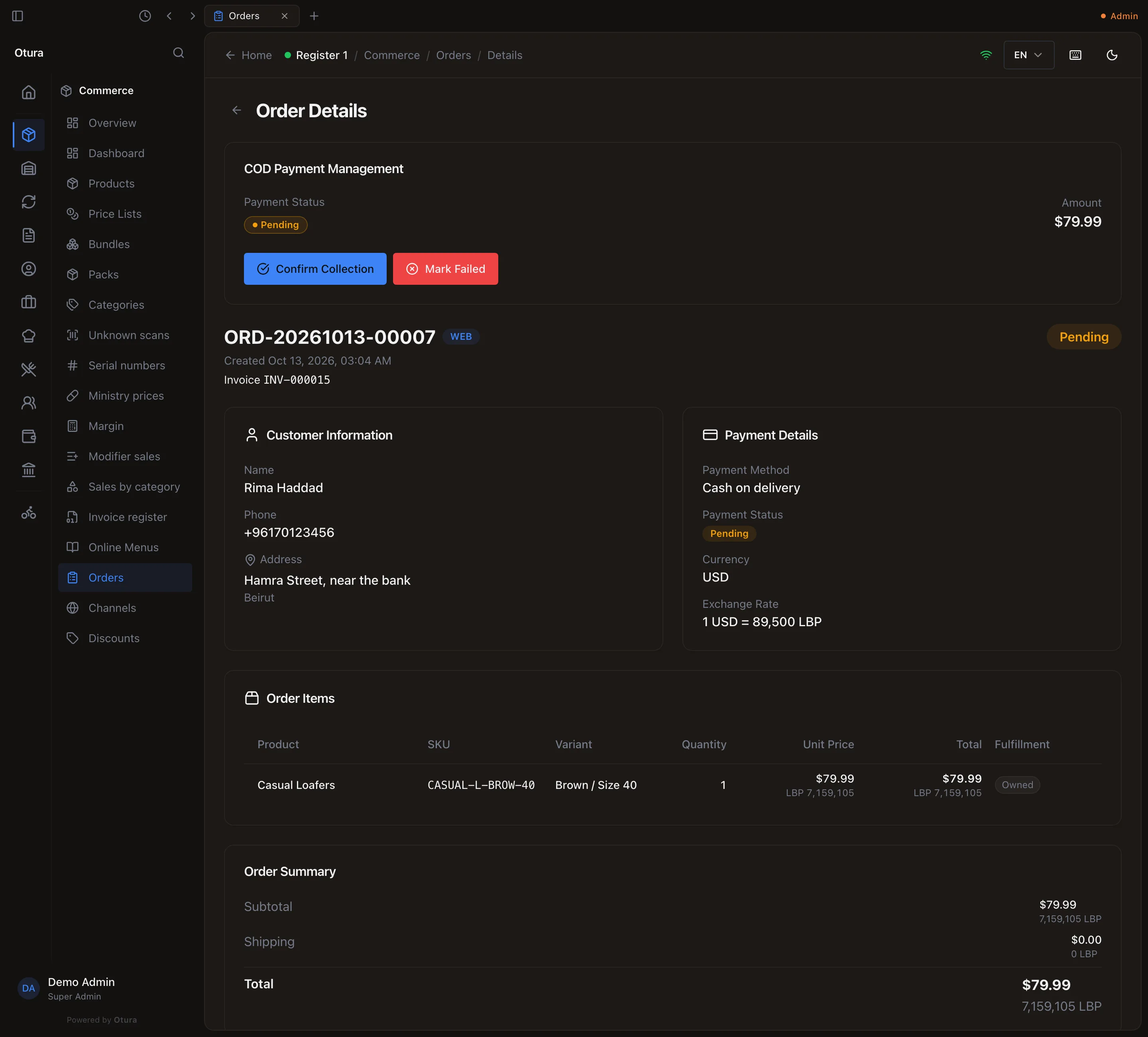 An online order's page: the order number with its Invoice number (INV-…) beneath it, Rima Haddad's details, Payment Method Cash on delivery, Payment Status Pending, the exchange rate, one pair of Casual Loafers at $79.99, the totals, the timeline, and Update Status, Cancel Order and Add Note.