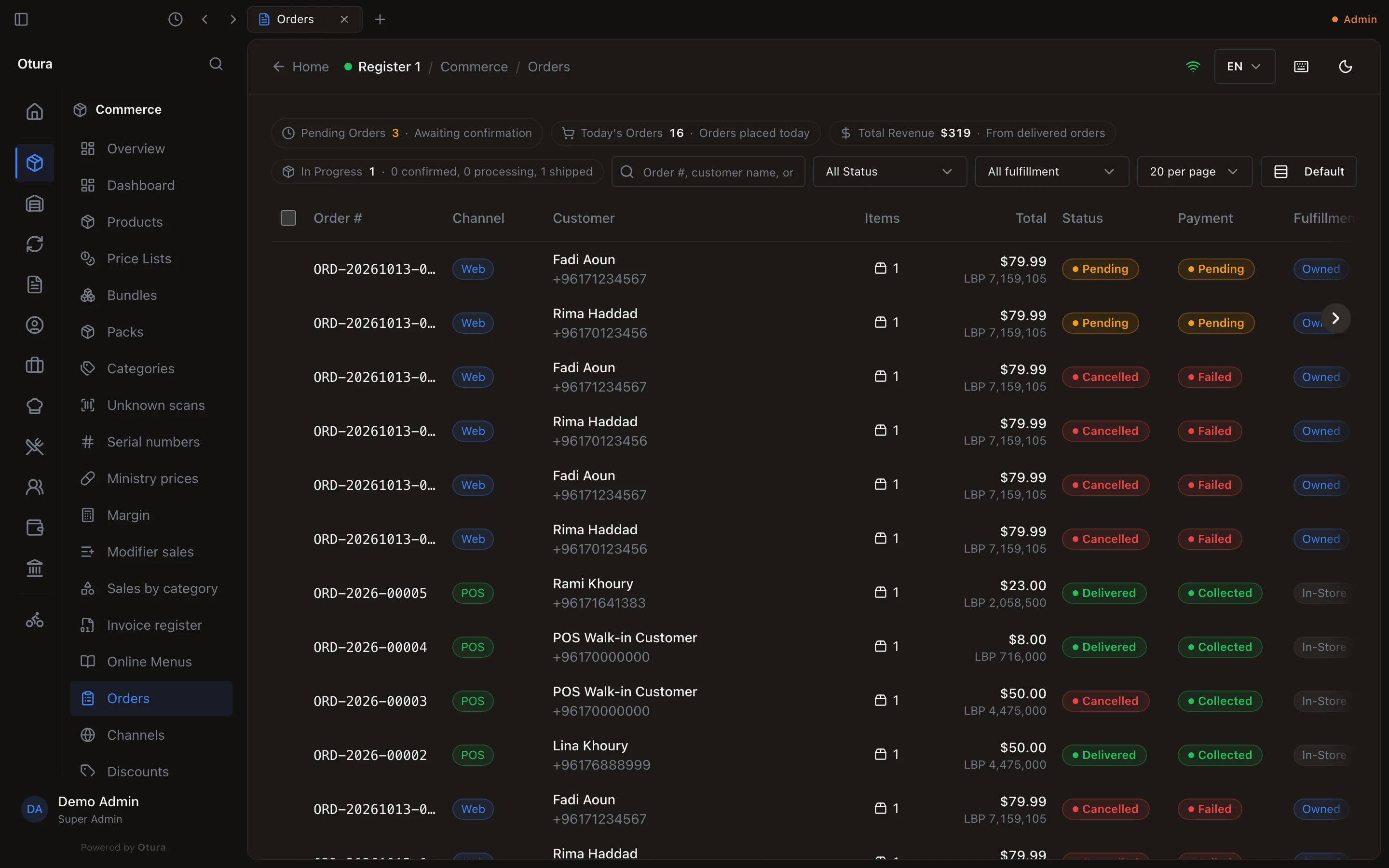 Commerce › Orders: the counts of pending orders, today's orders, revenue and orders in progress, then the list of orders with their number, customer, status and total.
