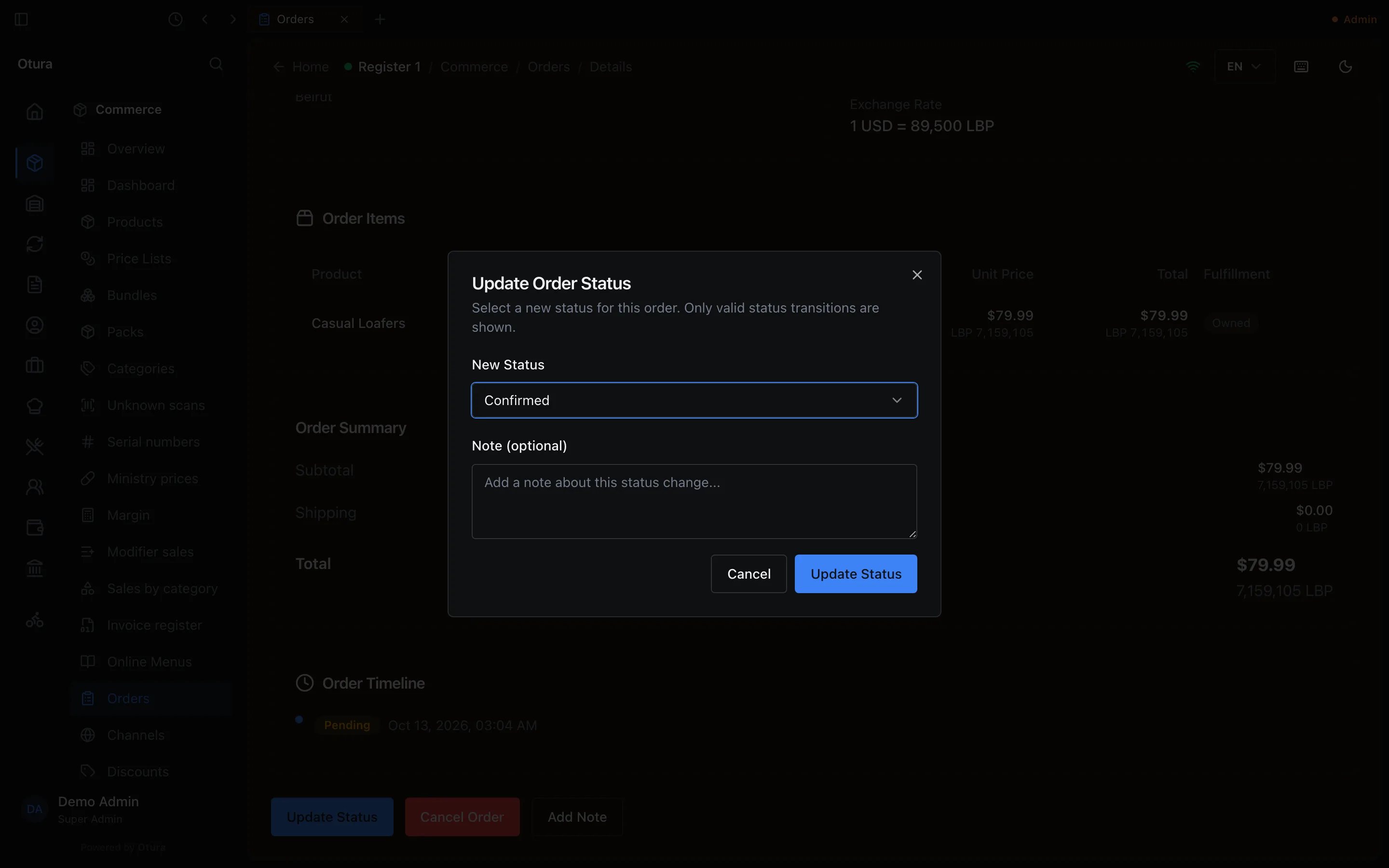 The Update Order Status window with Confirmed chosen as the new status and a note field.