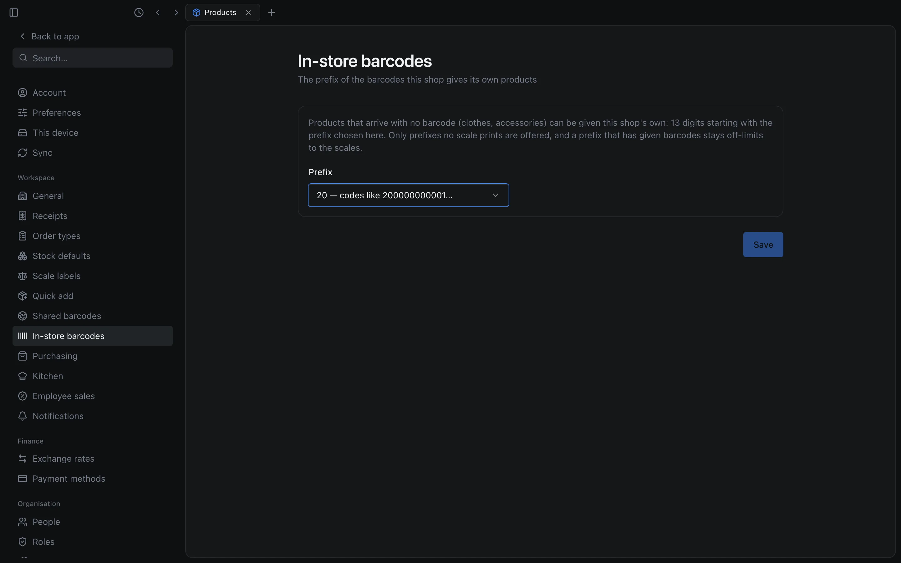 Settings › In-store barcodes with the Prefix list open on 20, codes like 200000000001.