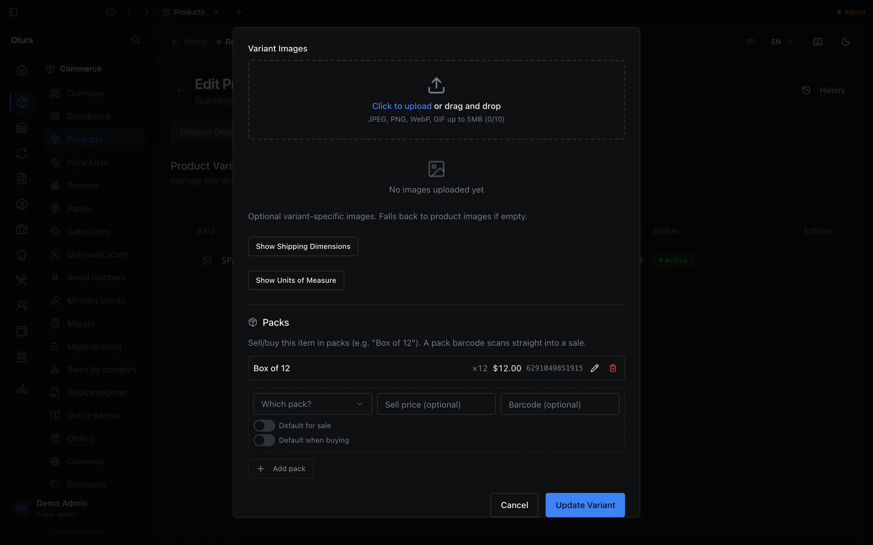 The Packs section of the Edit Variant dialog showing a Box of 12 at 12 dollars with barcode 6291097895530, and an empty row to add another pack.