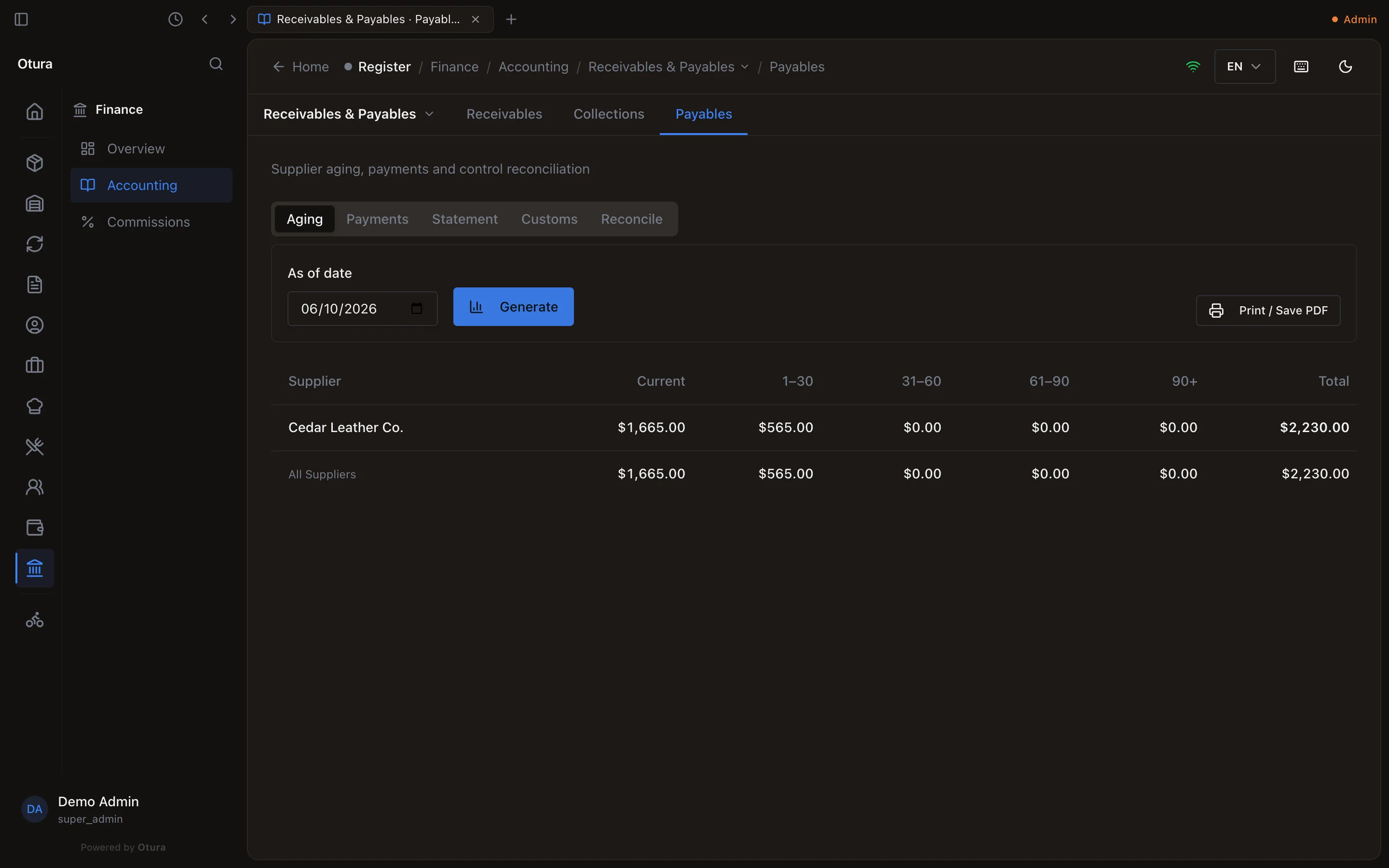Payables, Aging tab, As of date 06/10/2026: Cedar Leather Co. Current $1,665.00, 1–30 $565.00, 31–60 $0.00, 61–90 $0.00, 90+ $0.00, Total $2,230.00, and the All Suppliers row.
