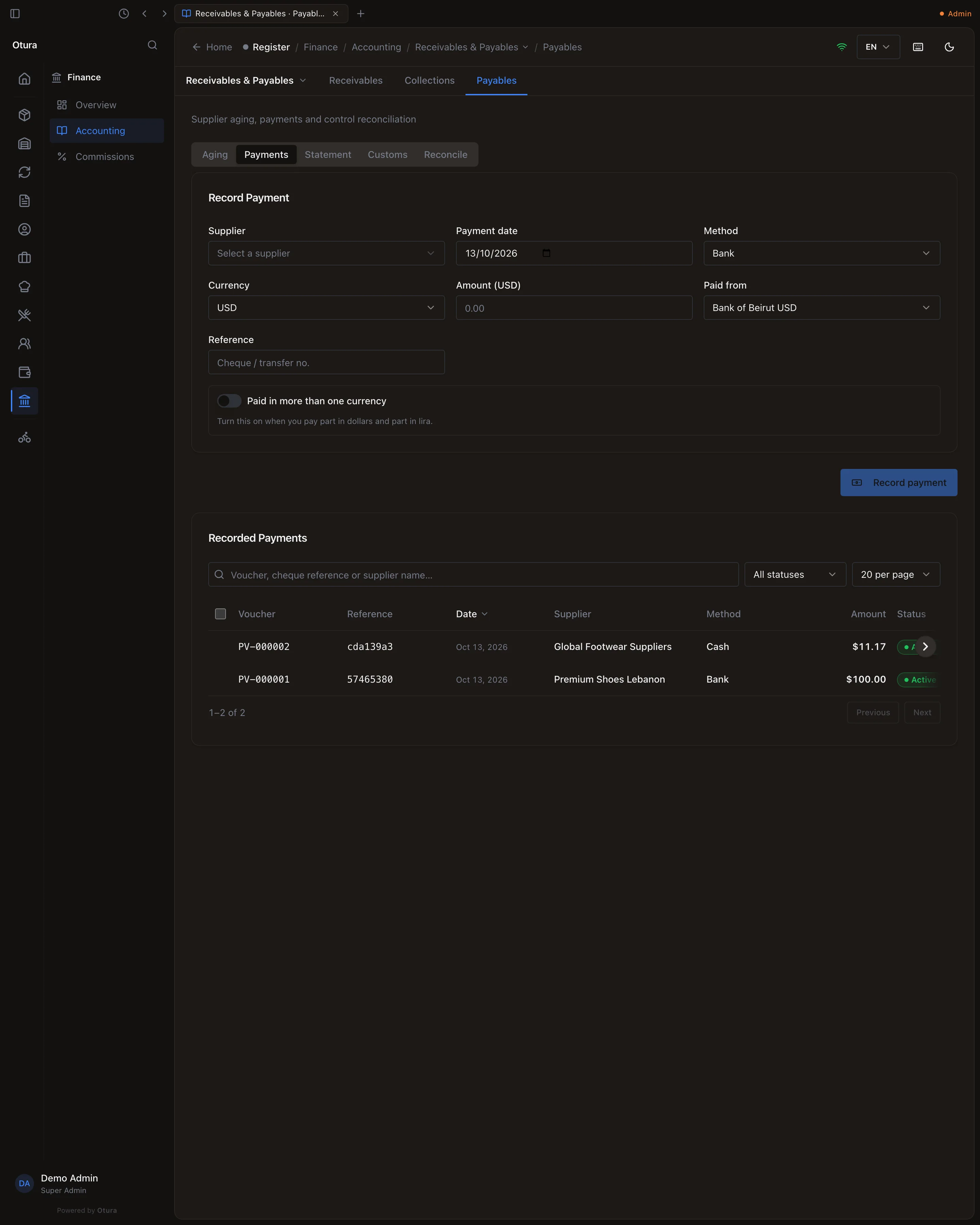 Recorded Payments with a Voucher column (PV-000001, PV-000002), the Reference, Date, Supplier, Method, Amount and Status of each payment.