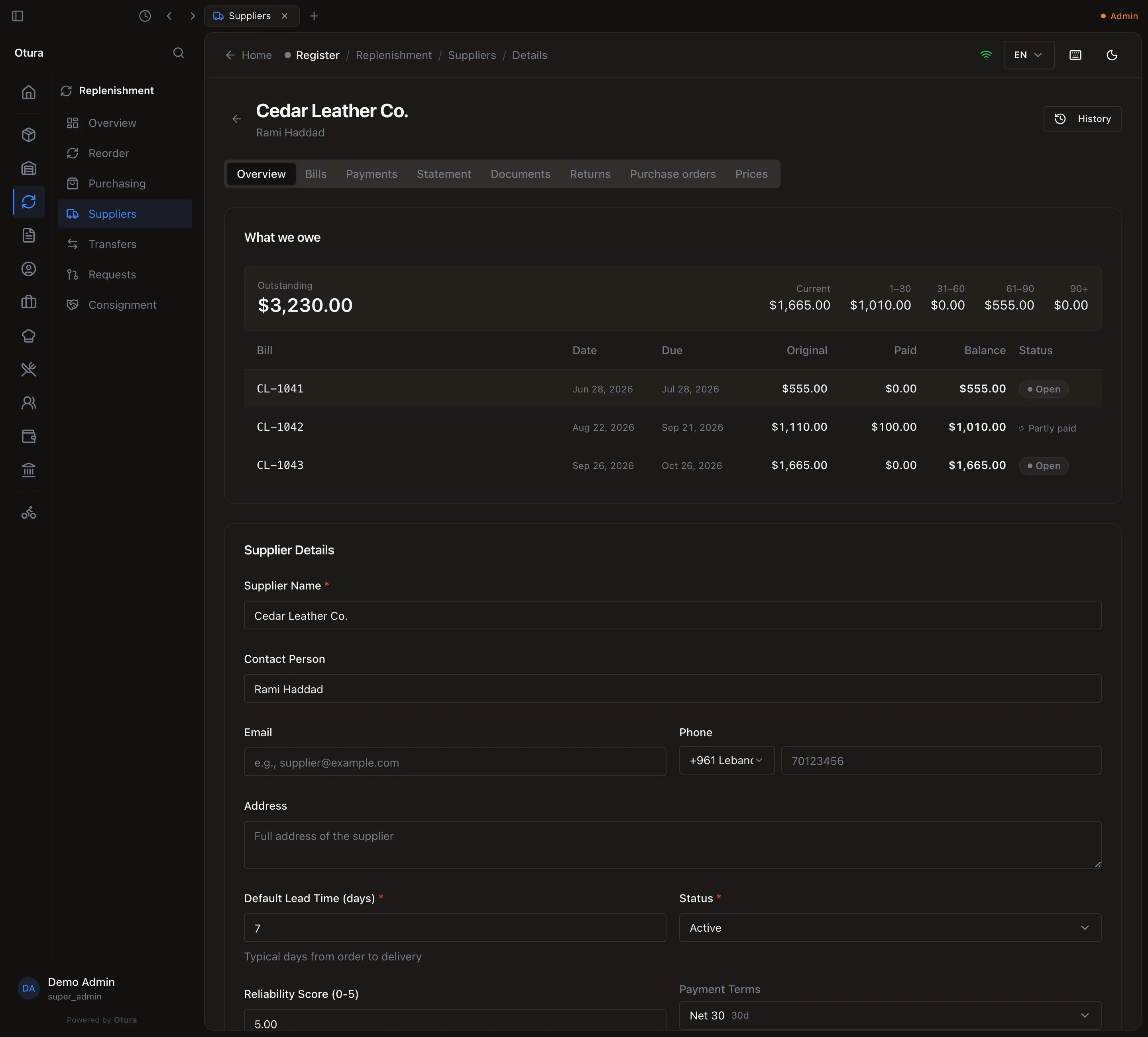 Cedar Leather Co., Overview, What we owe: Outstanding $3,230.00, Current $1,665.00, 1–30 $1,010.00, 31–60 $0.00, 61–90 $555.00, 90+ $0.00; CL-1041 Jun 28 due Jul 28, $555.00, Paid $0.00, Balance $555.00, Open; CL-1042 Aug 22 due Sep 21, $1,110.00, Paid $100.00, Balance $1,010.00, Partly paid; CL-1043 Sep 26 due Oct 26, $1,665.00, Paid $0.00, Balance $1,665.00, Open.