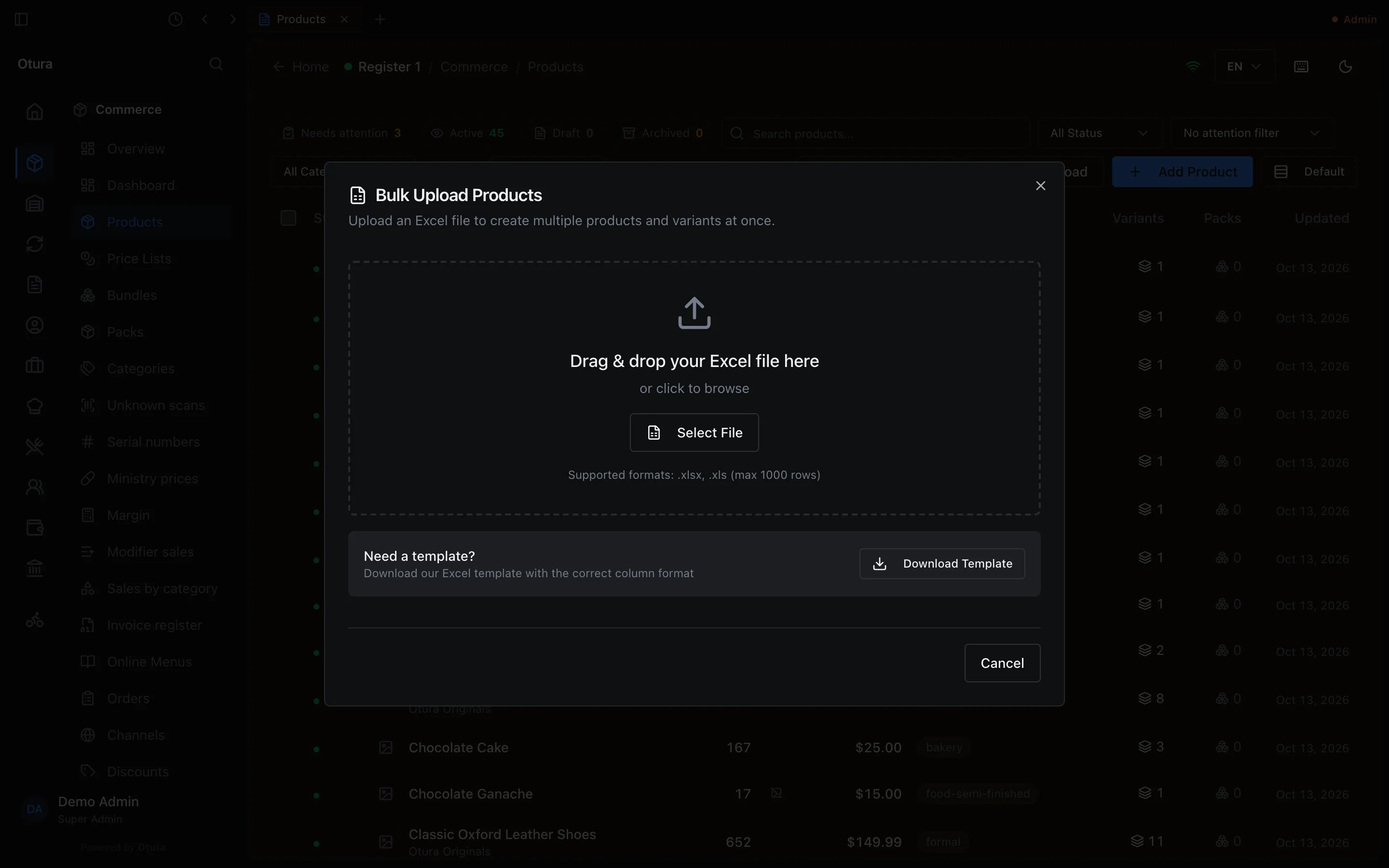 The Bulk Upload Products dialog with a drop zone for an Excel file and a Download Template button.